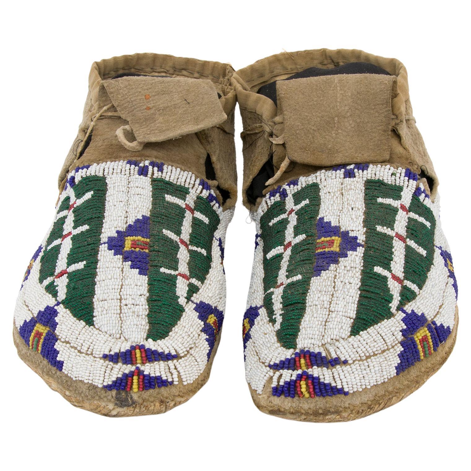 1880s Arapaho Moccasins Made of Native Tanned Hide with Glass Trade Beads 