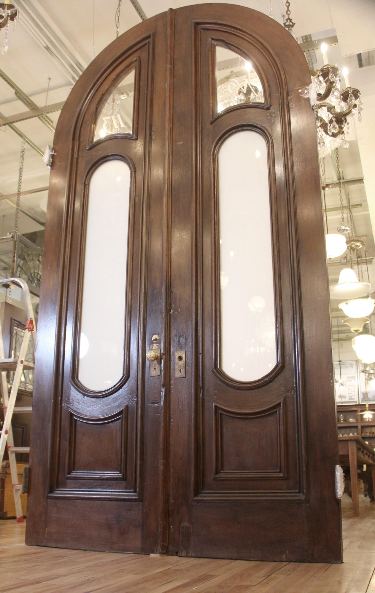 1880s Arched Walnut Brownstone Entry Double Doors with Frosted Glass & Hardware 2