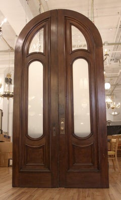 1880s Arched Walnut Brownstone Entry Double Doors with Frosted Glass & Hardware
