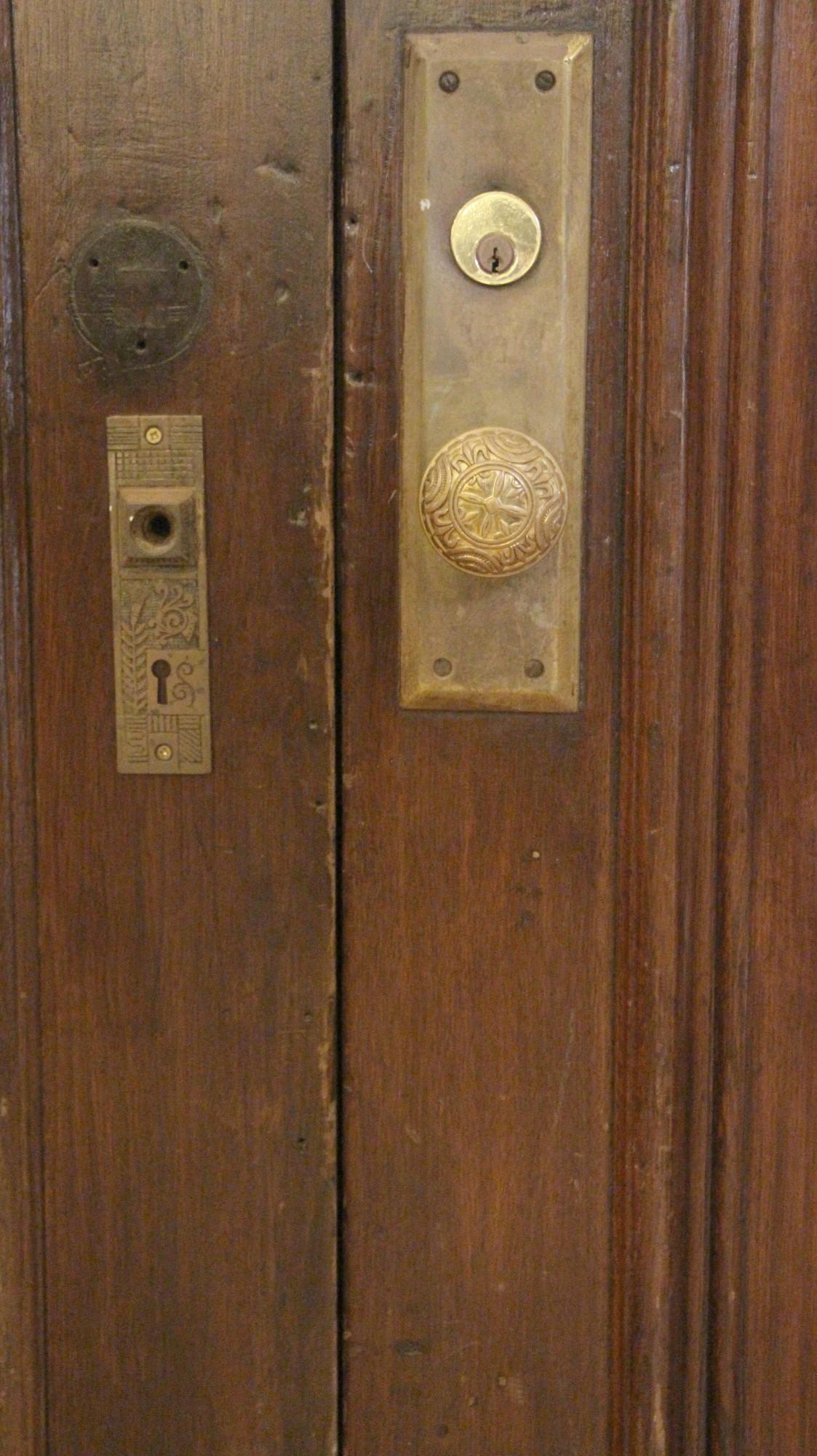 1880s Arched Walnut Brownstone Entry Double Doors with Frosted Glass & Hardware 1