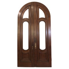 1880s Arched Walnut Brownstone Entry Double Doors with Frosted Glass & Hardware