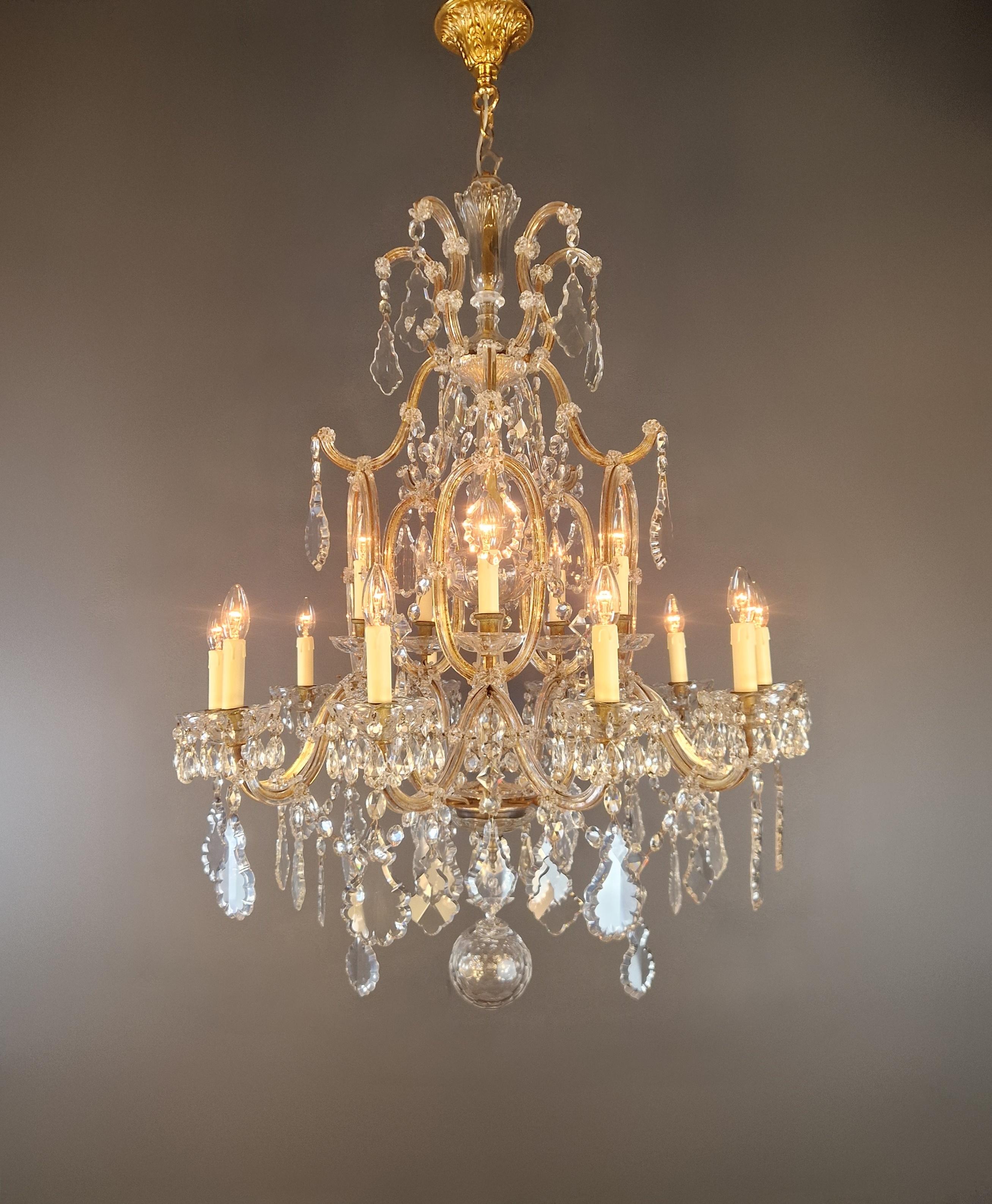 Italian 1880s Art Nouveau Maria Theresa Crystal Chandelier lustre Brass Glass For Sale