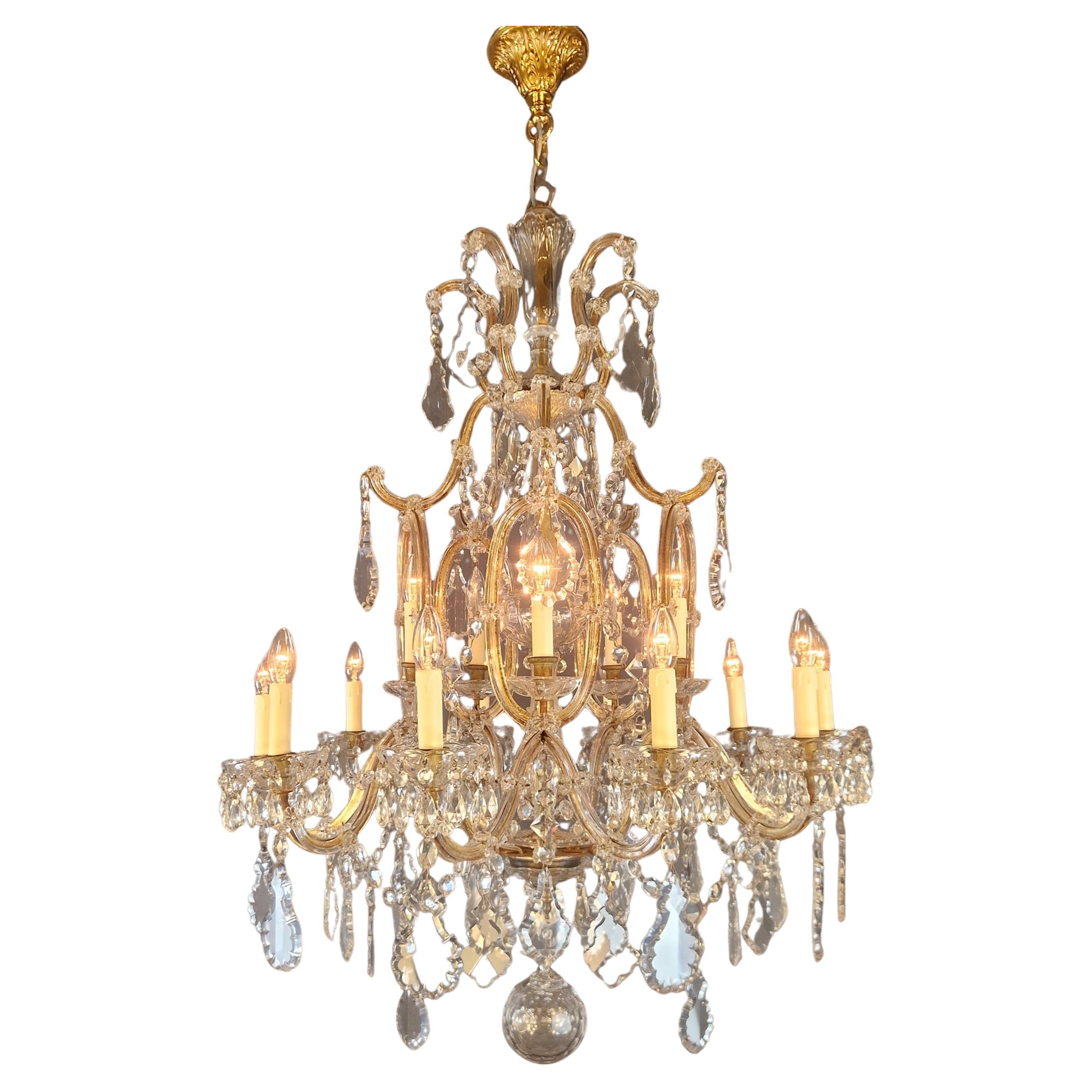 1880s Art Nouveau Maria Theresa Crystal Chandelier lustre Brass Glass For Sale