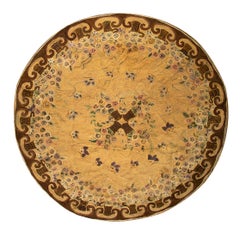1880s Beige Ground Floral Folk Art Antique Flatweave American Hooked Round Rug