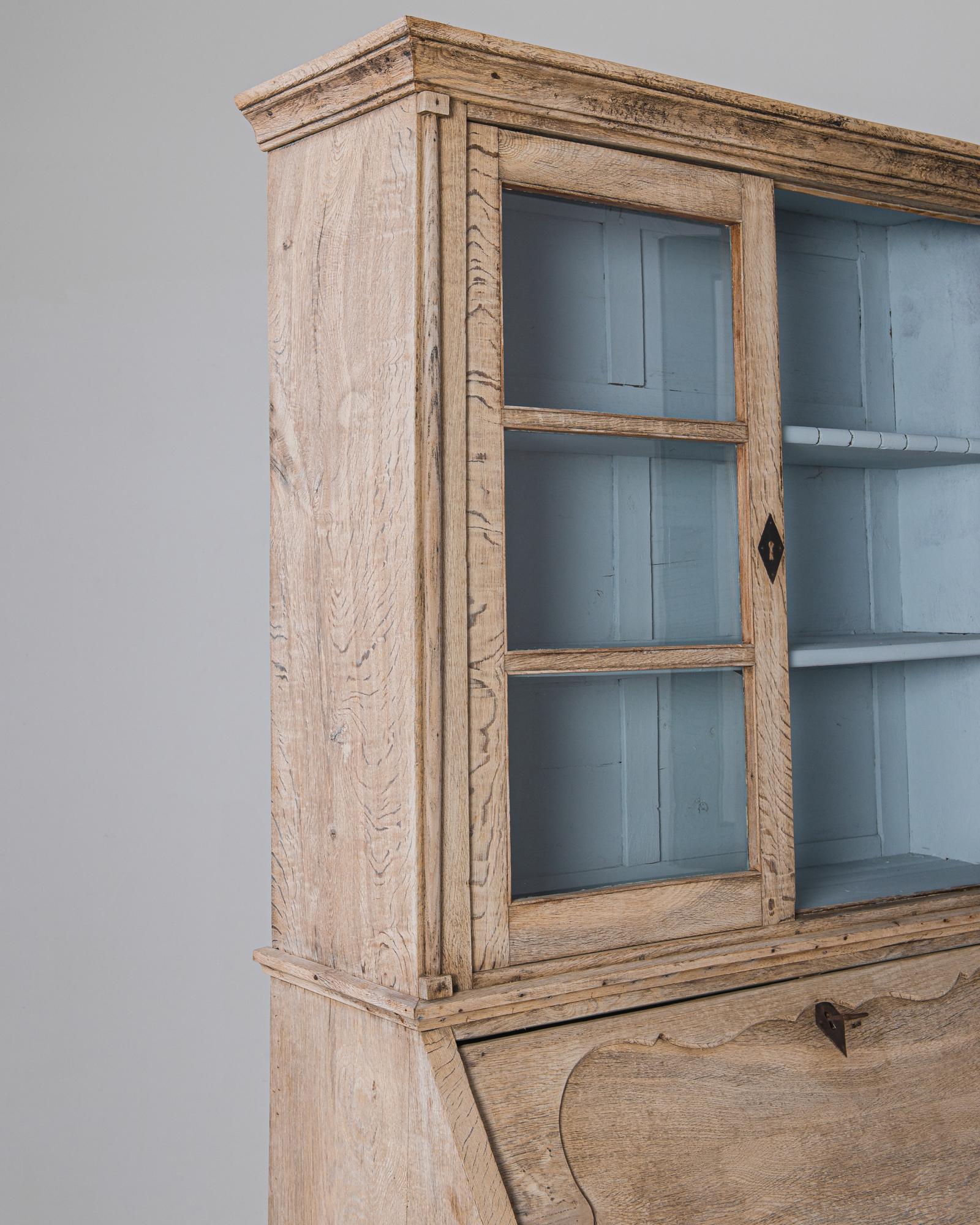 French Provincial 1880s Belgian Bleached Oak Secretary Desk with Vitrine