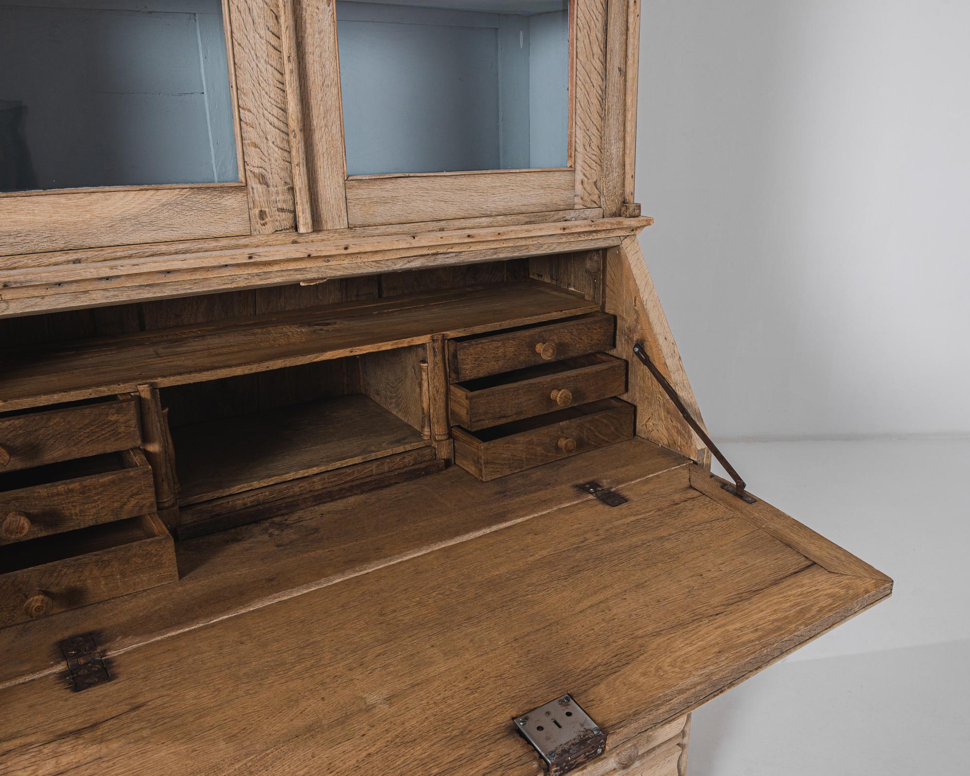 19th Century 1880s Belgian Bleached Oak Secretary Desk with Vitrine