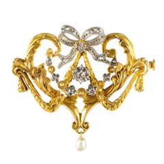 1880s Belle Époque Pearl Diamonds 18 Karat Gold Brooch 1880s Belle Époque Pearl Diamonds 18 Karat Gold Brooch