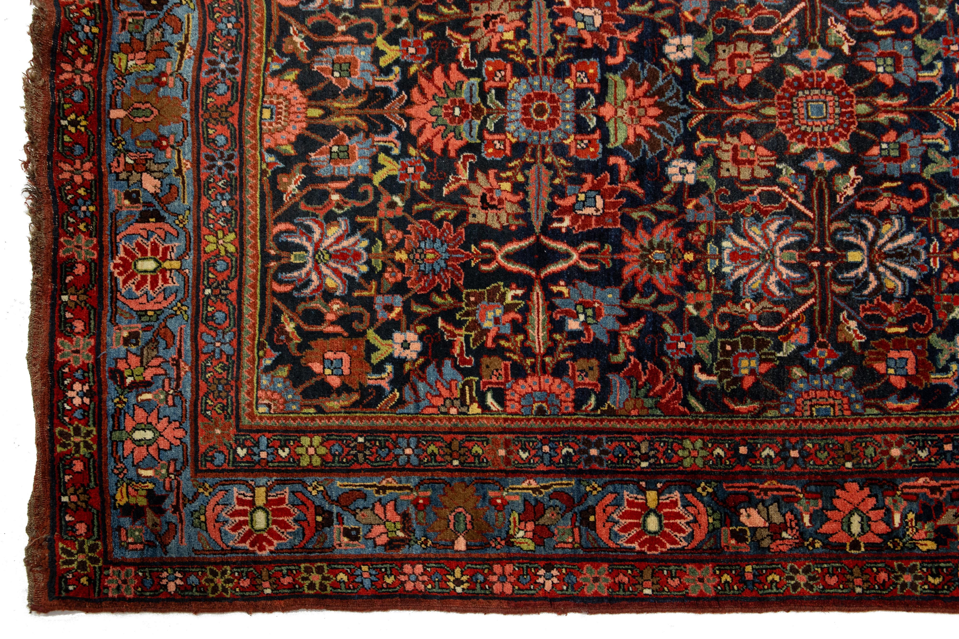 XIXe siècle Tapis persan Bidjar Gallery bleu des années 1880, fabriqué à la main avec un motif floral en vente
