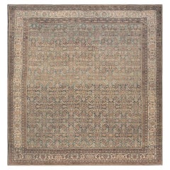 1880s Blue Navy Antique Warm Square Geometric Knotted Wool Persian Malayer Rug