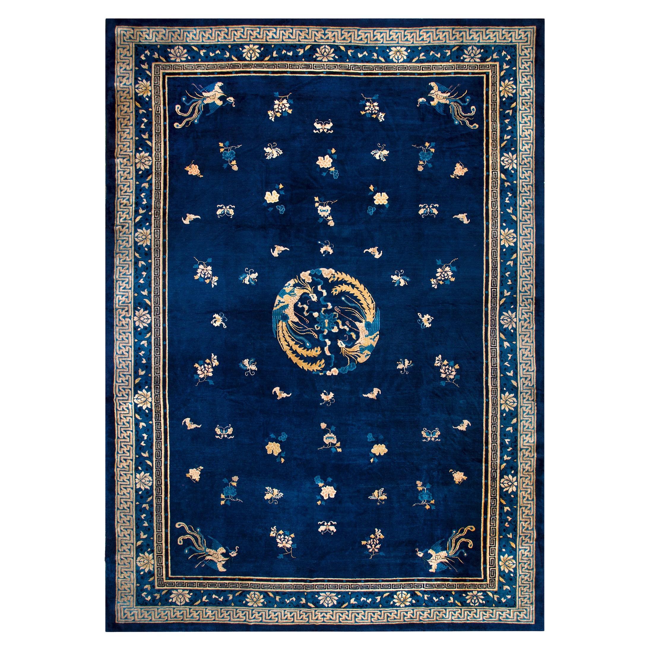 1880s Blue Qing Style Antique Chinese Peking Bird Bat Rug 14
 x 19
2" Carpet For Sale