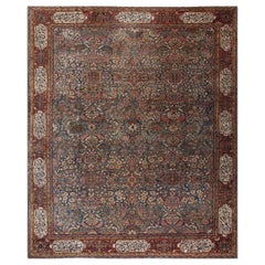 1880s Blue Shah Abbas Botanical Antique Sarouk Farahan Knotted Wool Rug Carpet