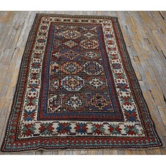 1880s Blue Small Antique Geometric Tribal Caucasian Kazak Moghan Carpet Wool Rug