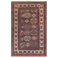 1880s Blue Small Antique Geometric Tribal Caucasian Kazak Moghan Carpet Wool Rug