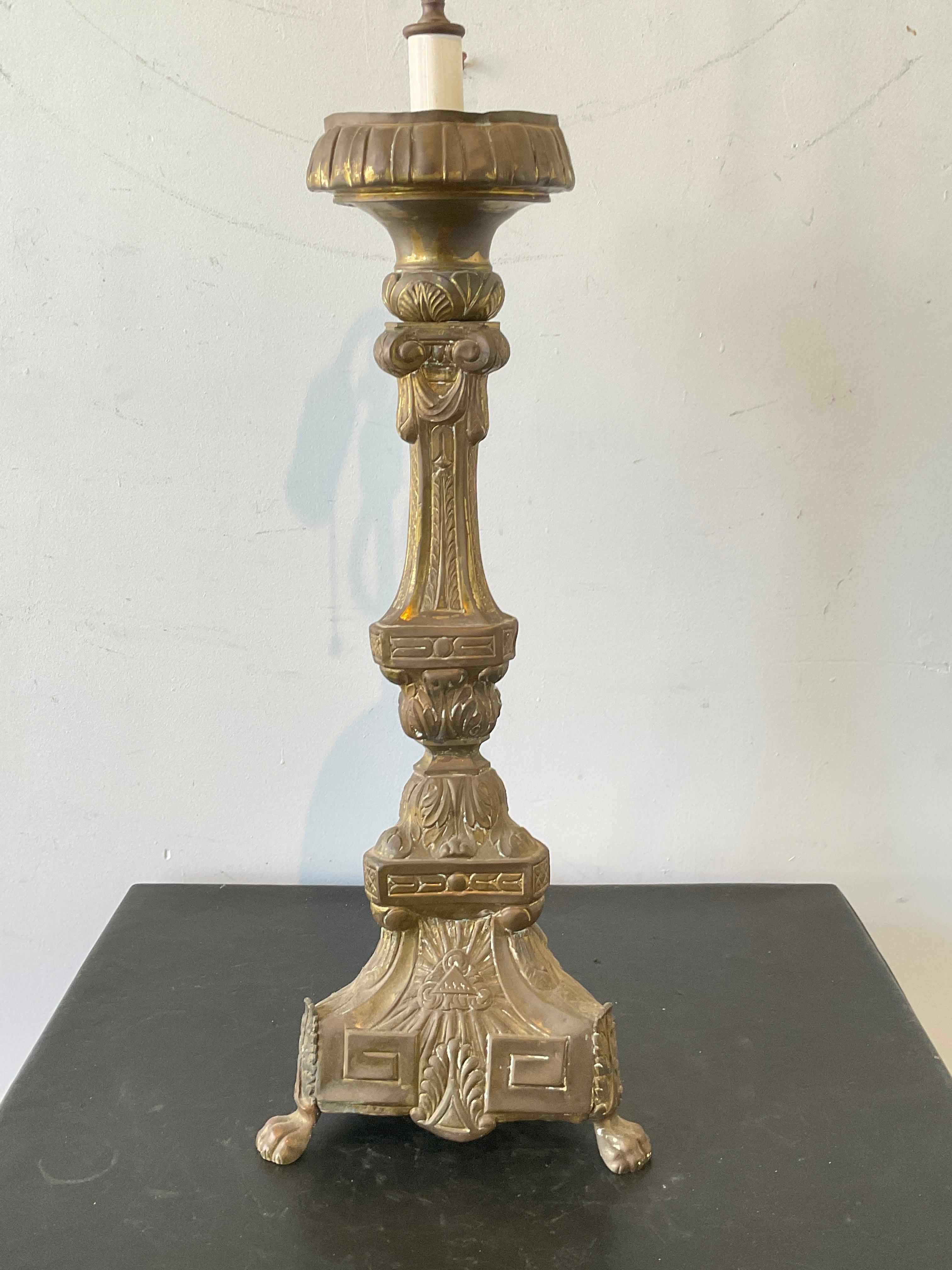 1880s Brass church candlestick lamp.