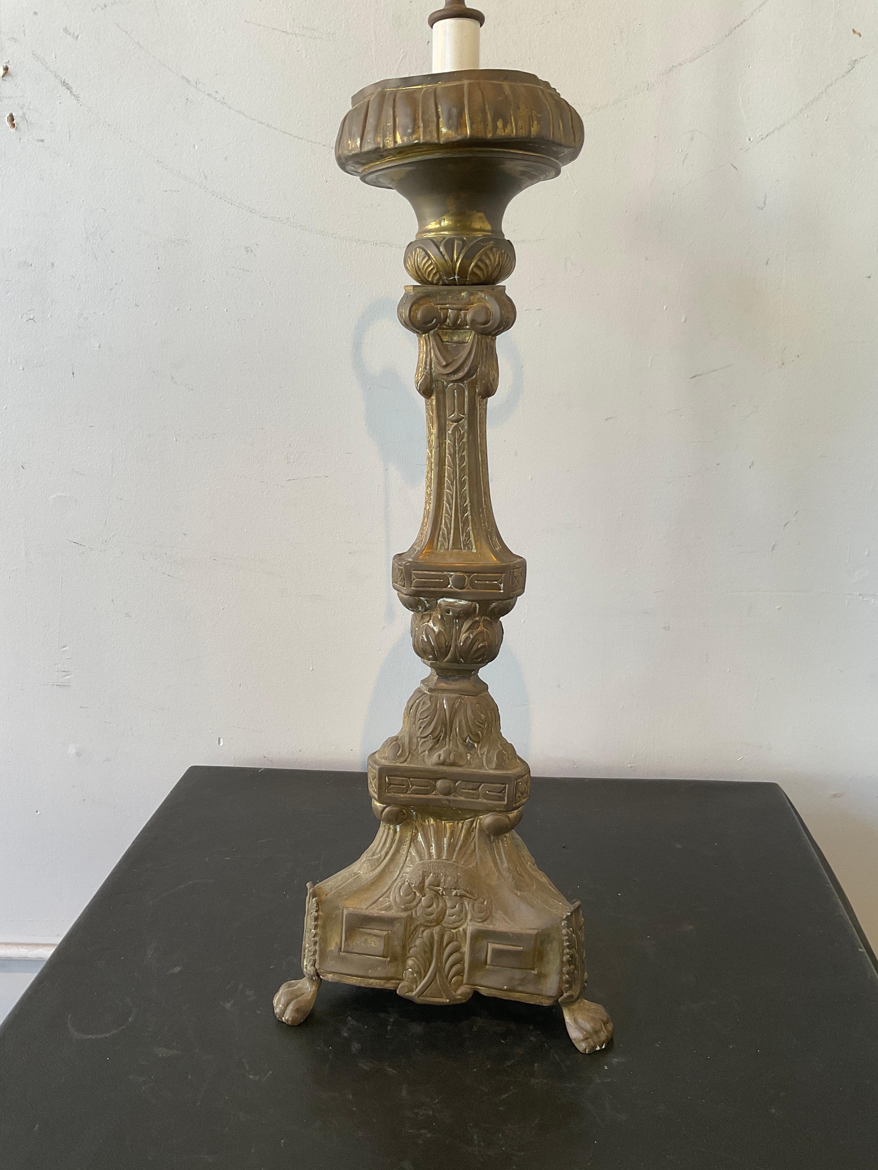 Late 19th Century 1880s Brass Church Candlestick Lamp For Sale