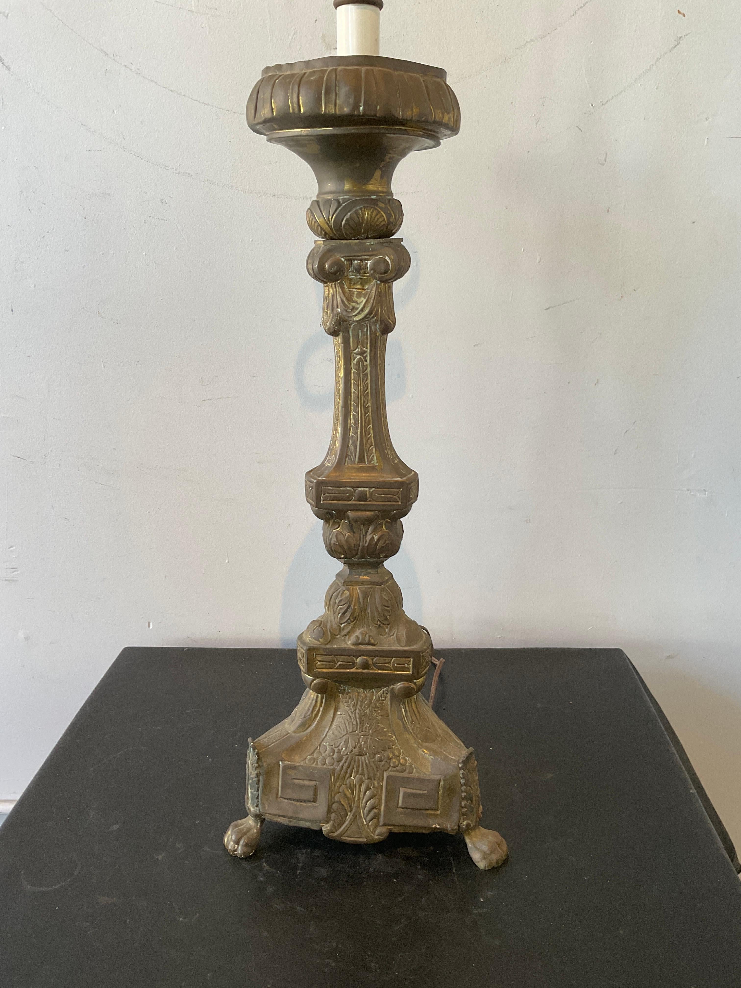 1880s Brass Church Candlestick Lamp For Sale 1