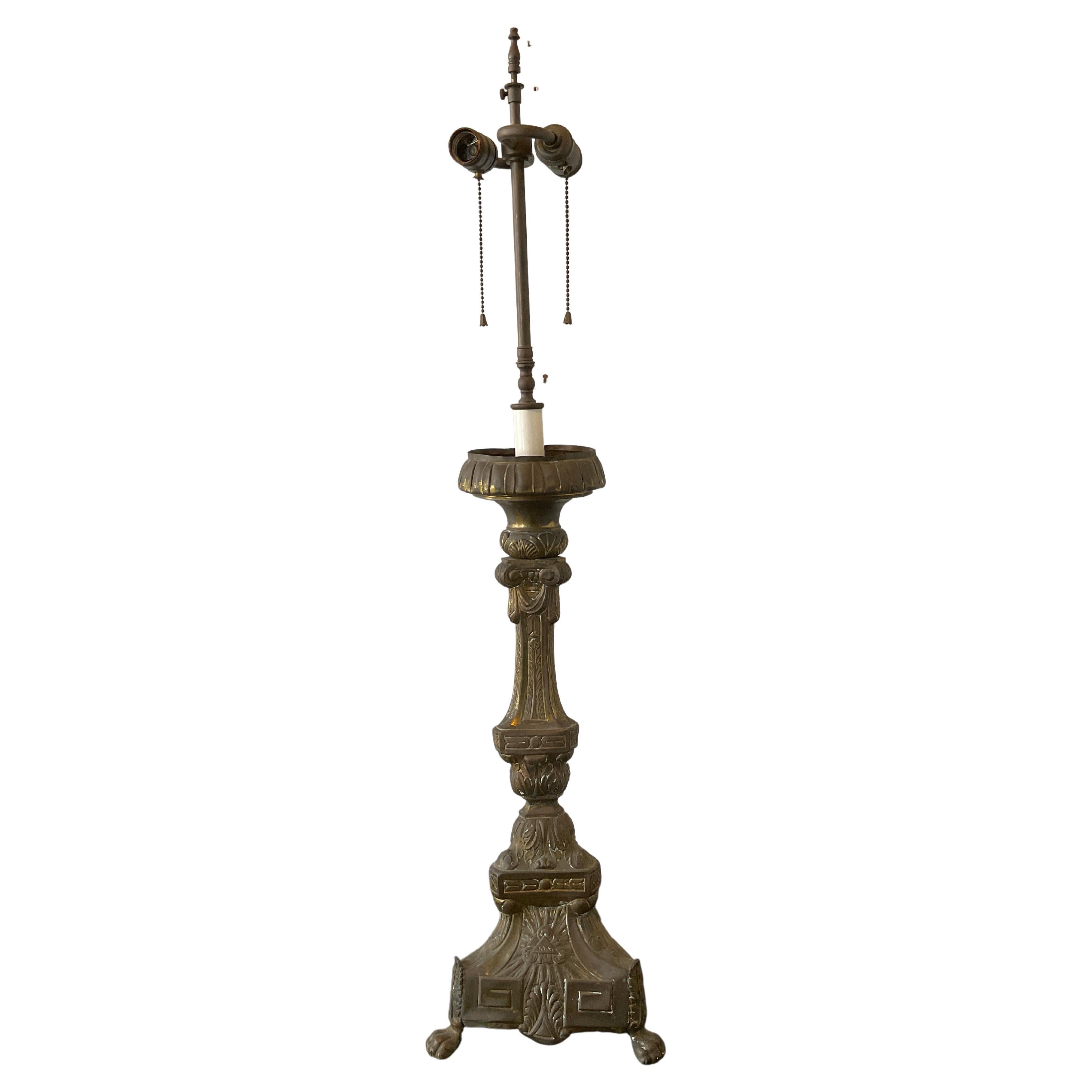 1880s Brass Church Candlestick Lamp For Sale