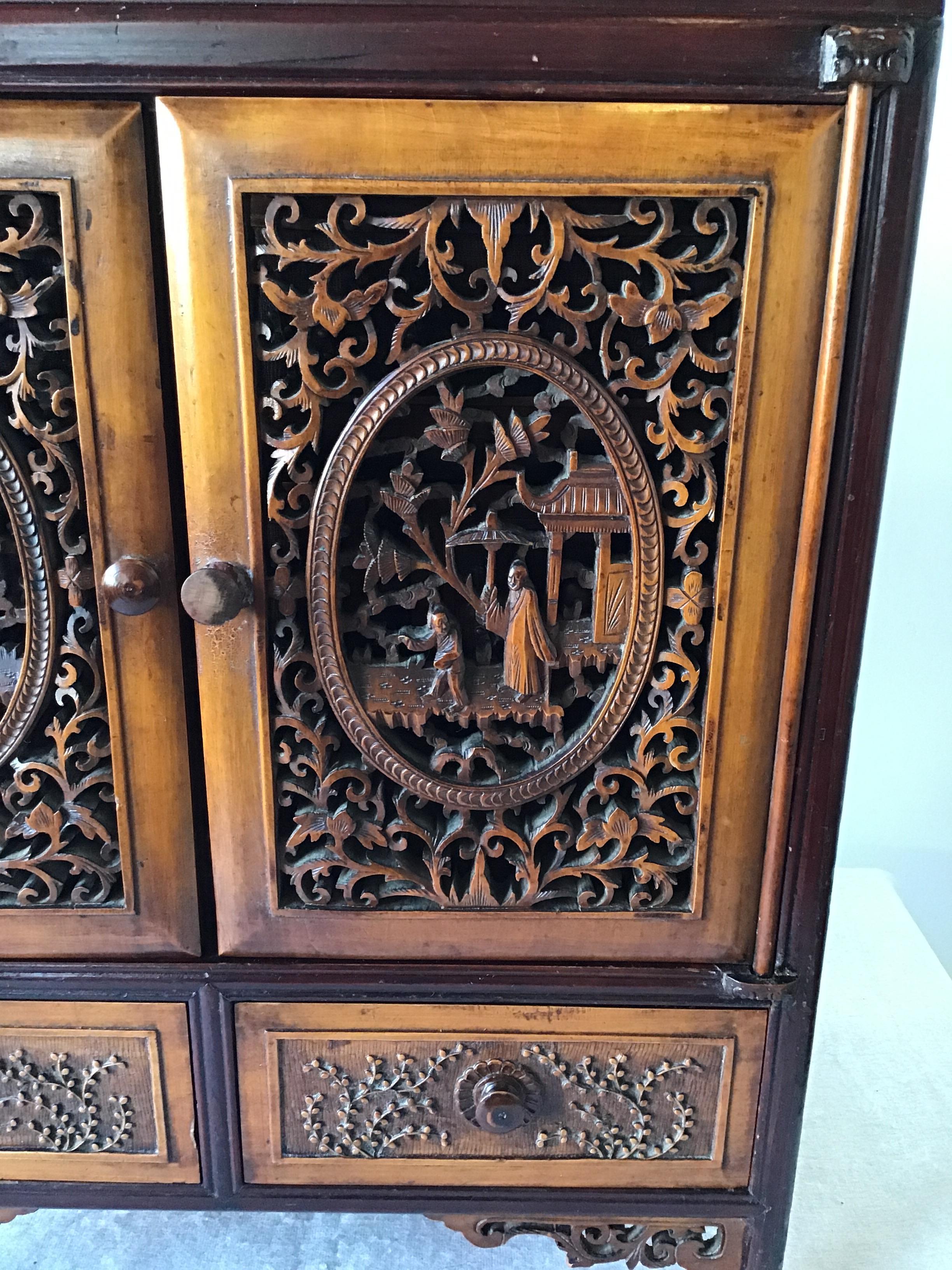 Late 19th Century 1880s Asian Carved Wood Box with Drawers For Sale