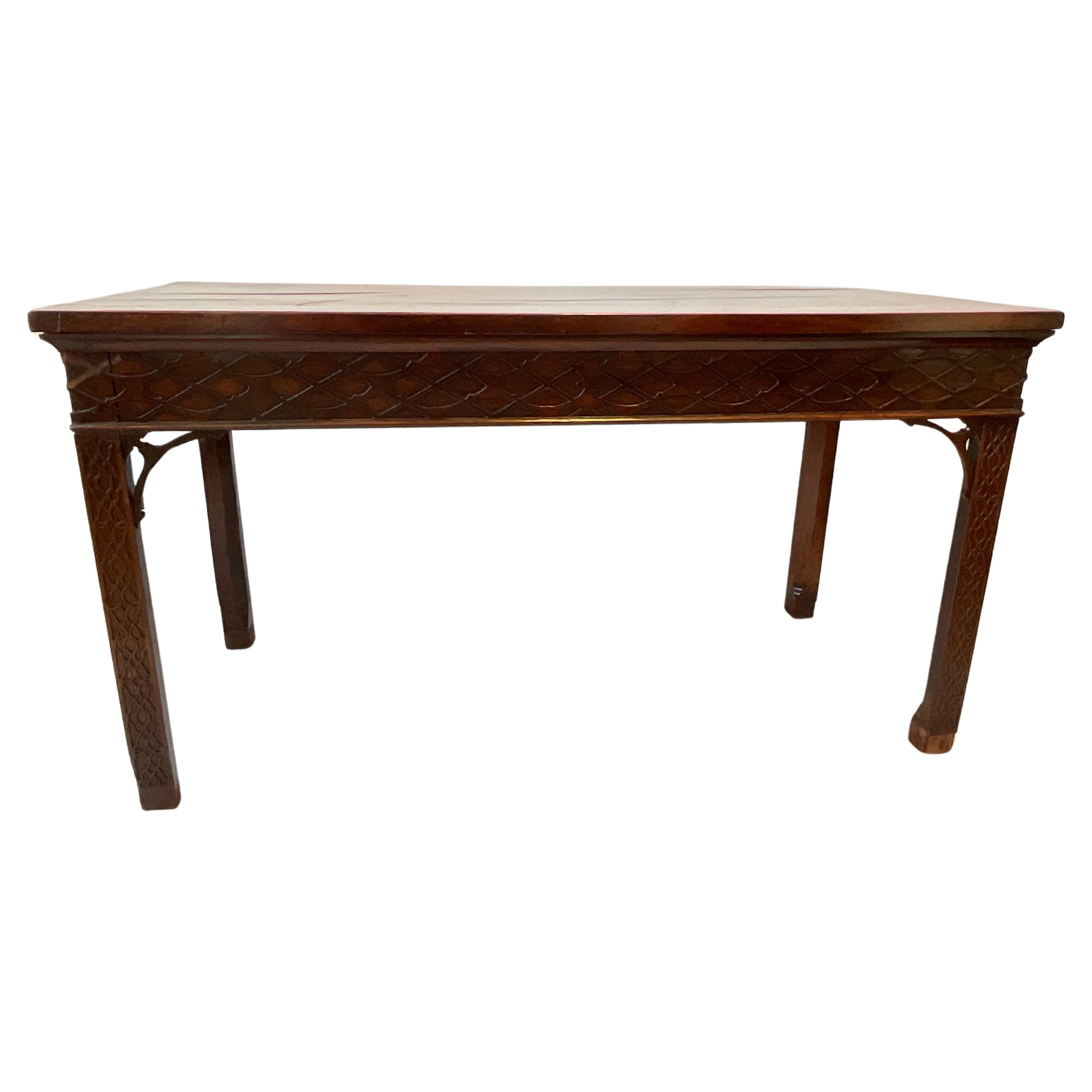 1880s Chinese Chippendale Console. Some fret  work missing, some molding missing from back legs. Top faded.
Wood has cracks.