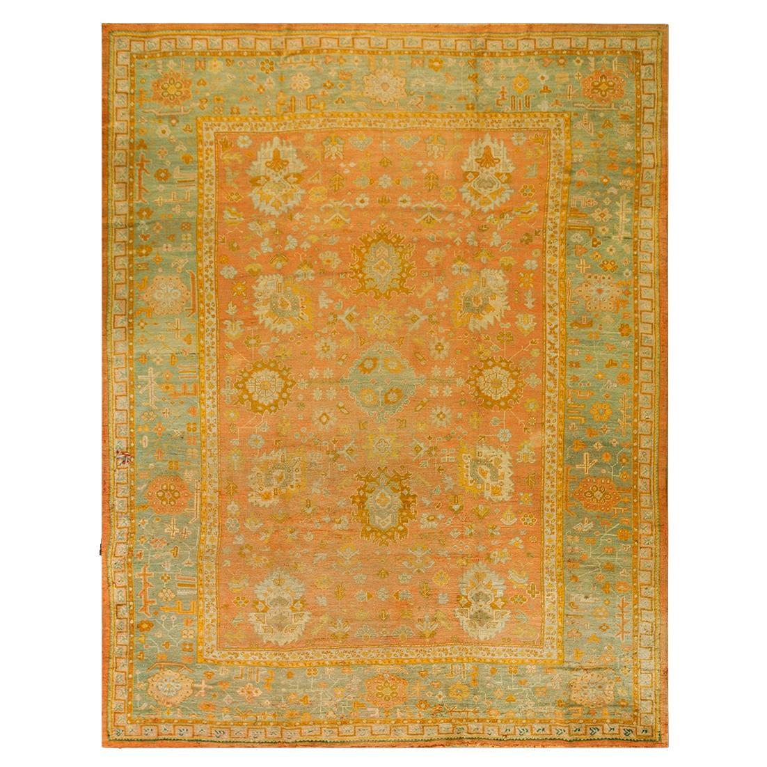 1880s Classic Salmon-Teal-Aqua Decorative Turkish Oushak Rug 10
2" x 13
 Carpet For Sale