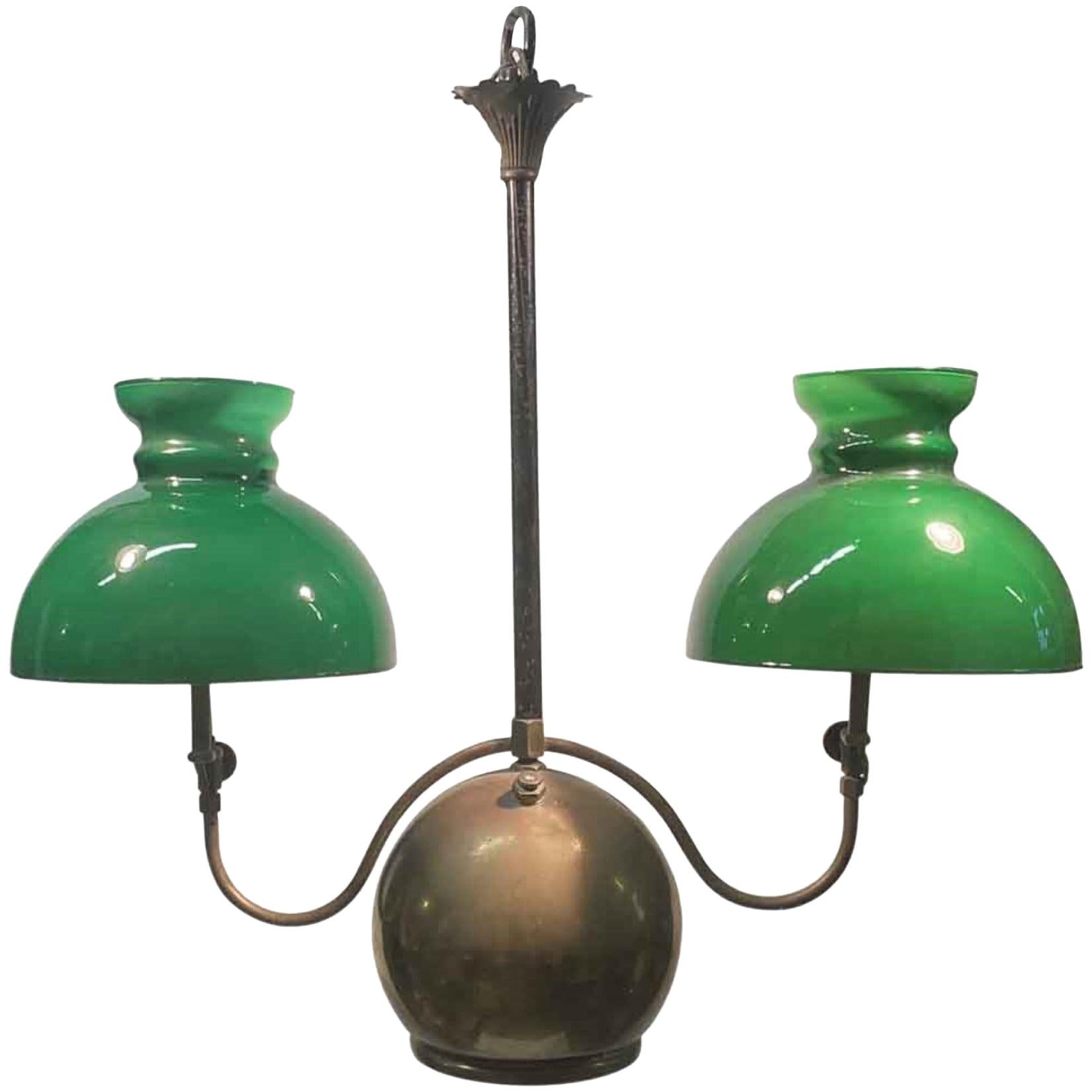 1880s Converted Brass and Green Glass Double Light Whale Oil Lantern Pendant