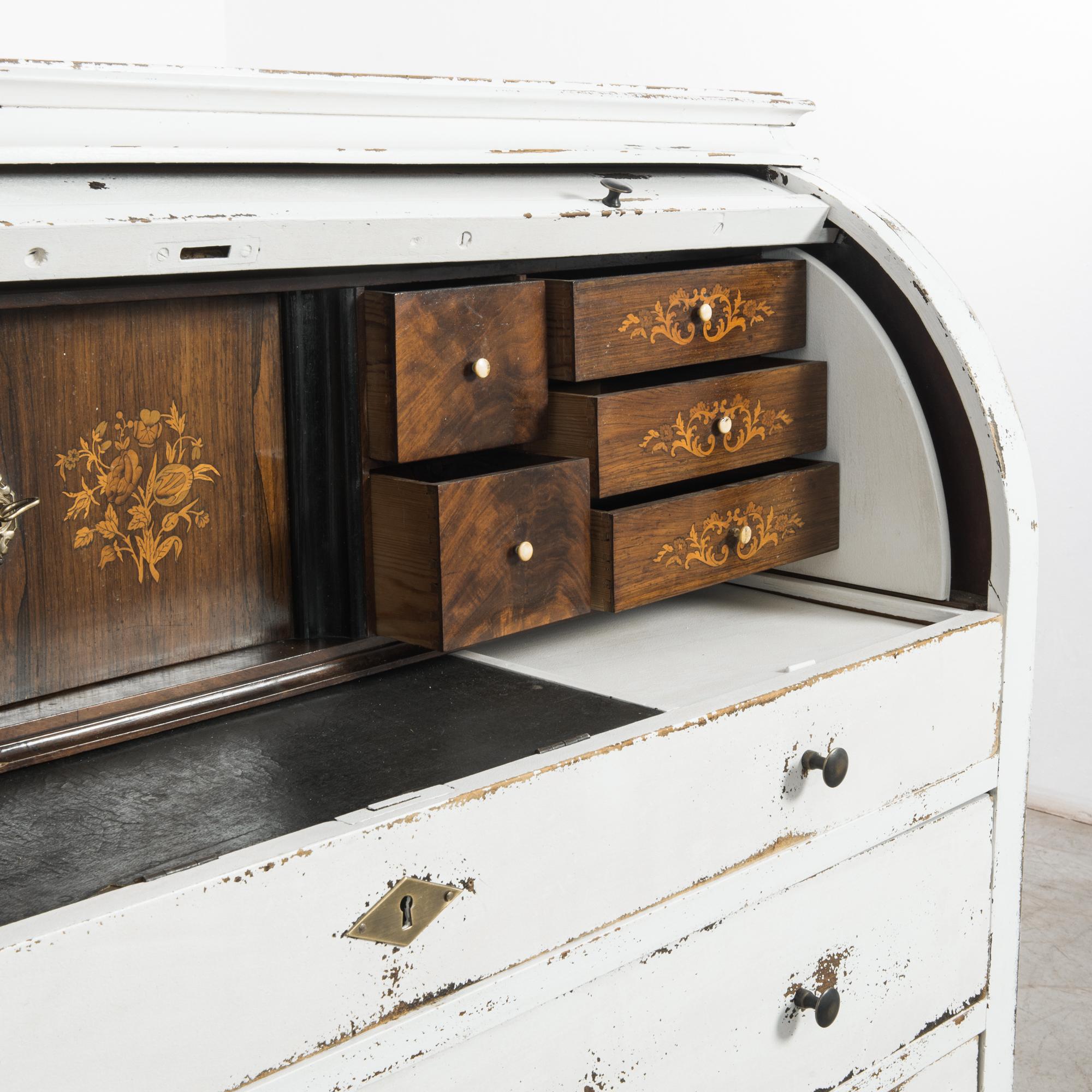 1880s Danish White Wooden Roll-Top Writing Desk 2