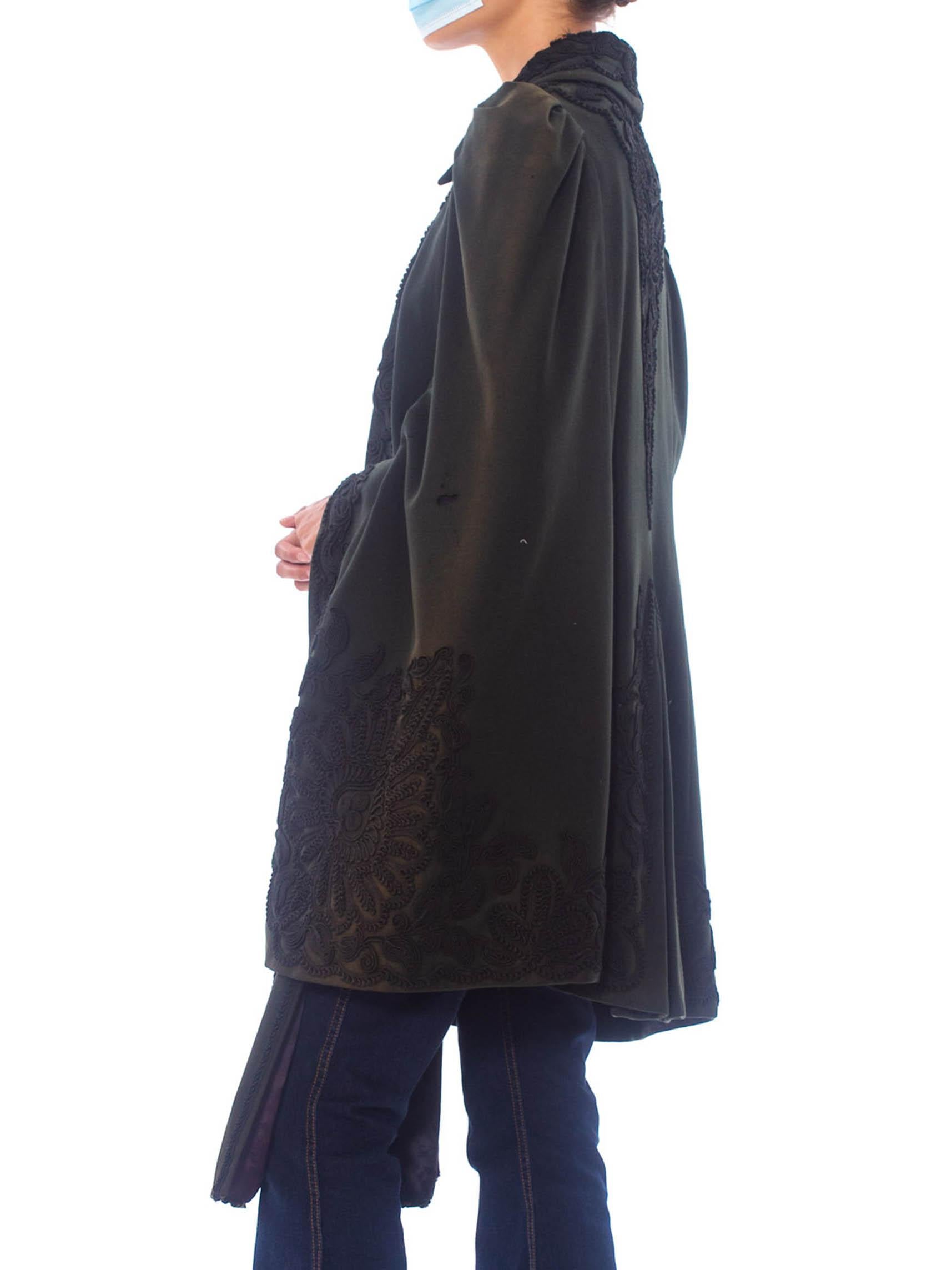 Patina of fading and holes but strong and wearable Victorian Dark Green Wool 1880S 1890S Dolman Cape With Soutache Embroidery 