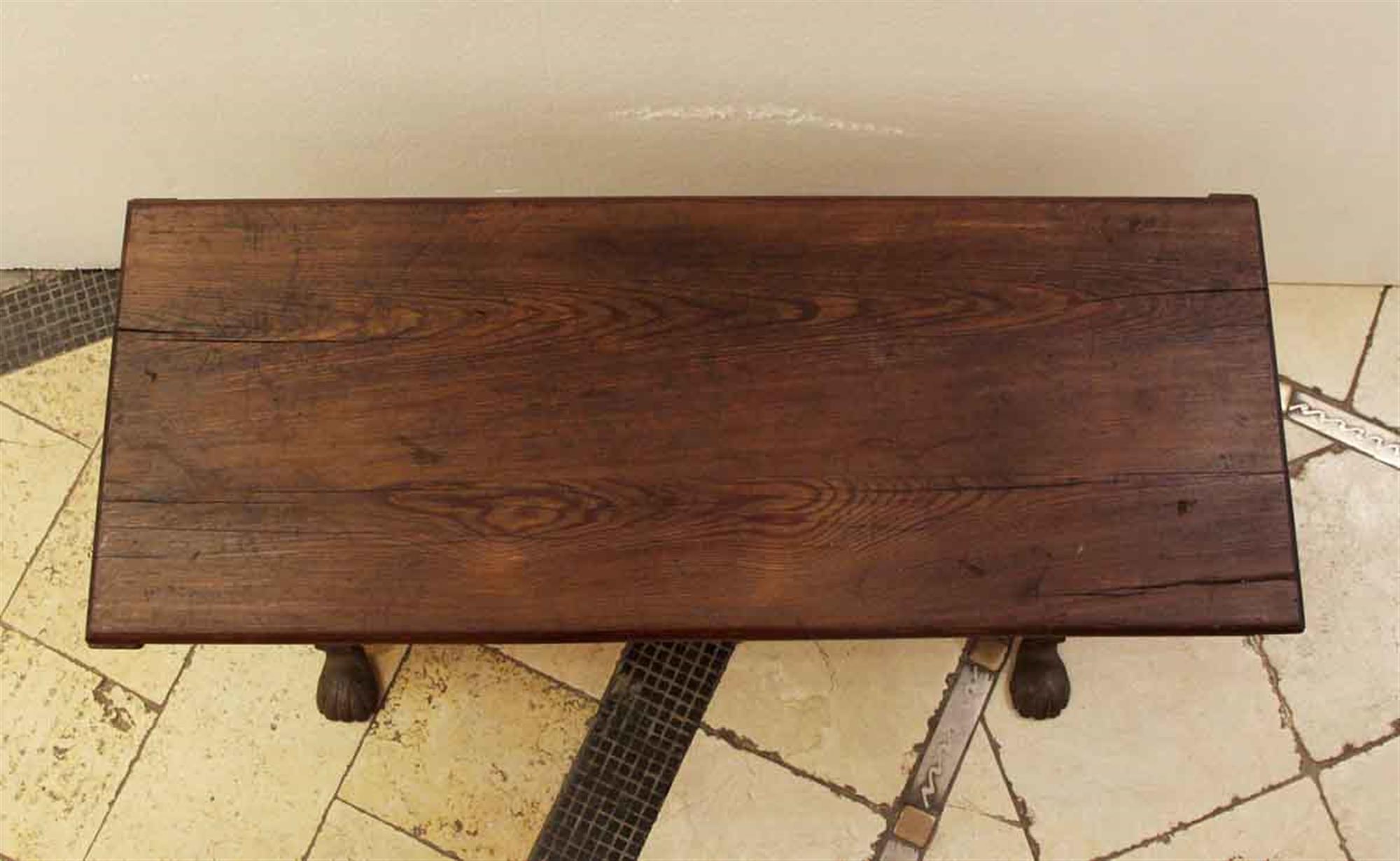 1880s Dark Wooden Bench with Wrought Iron Legs In Good Condition In New York, NY