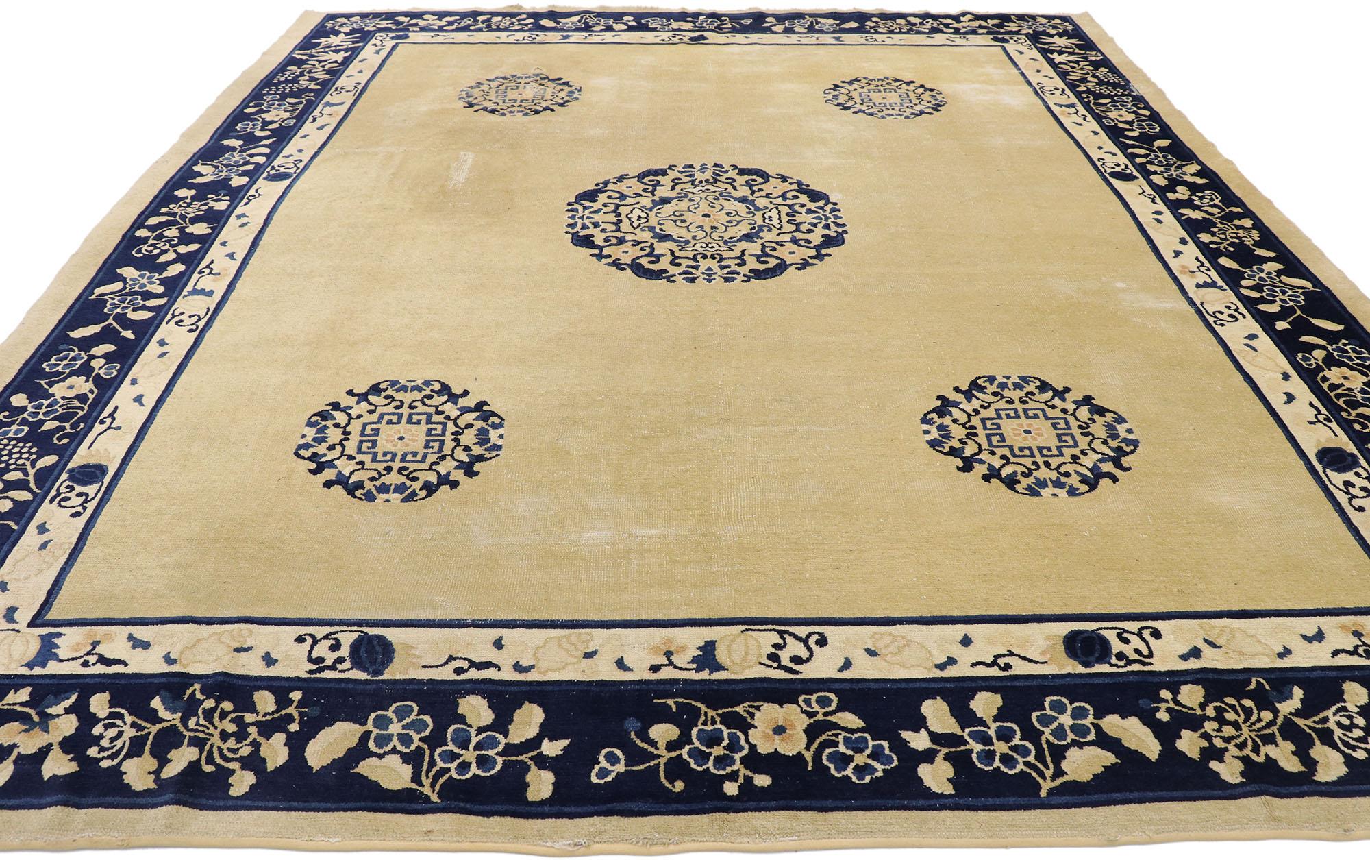 Hand-Knotted 1880s Distressed Antique Chinese Peking Rug with Classic Victorian Style