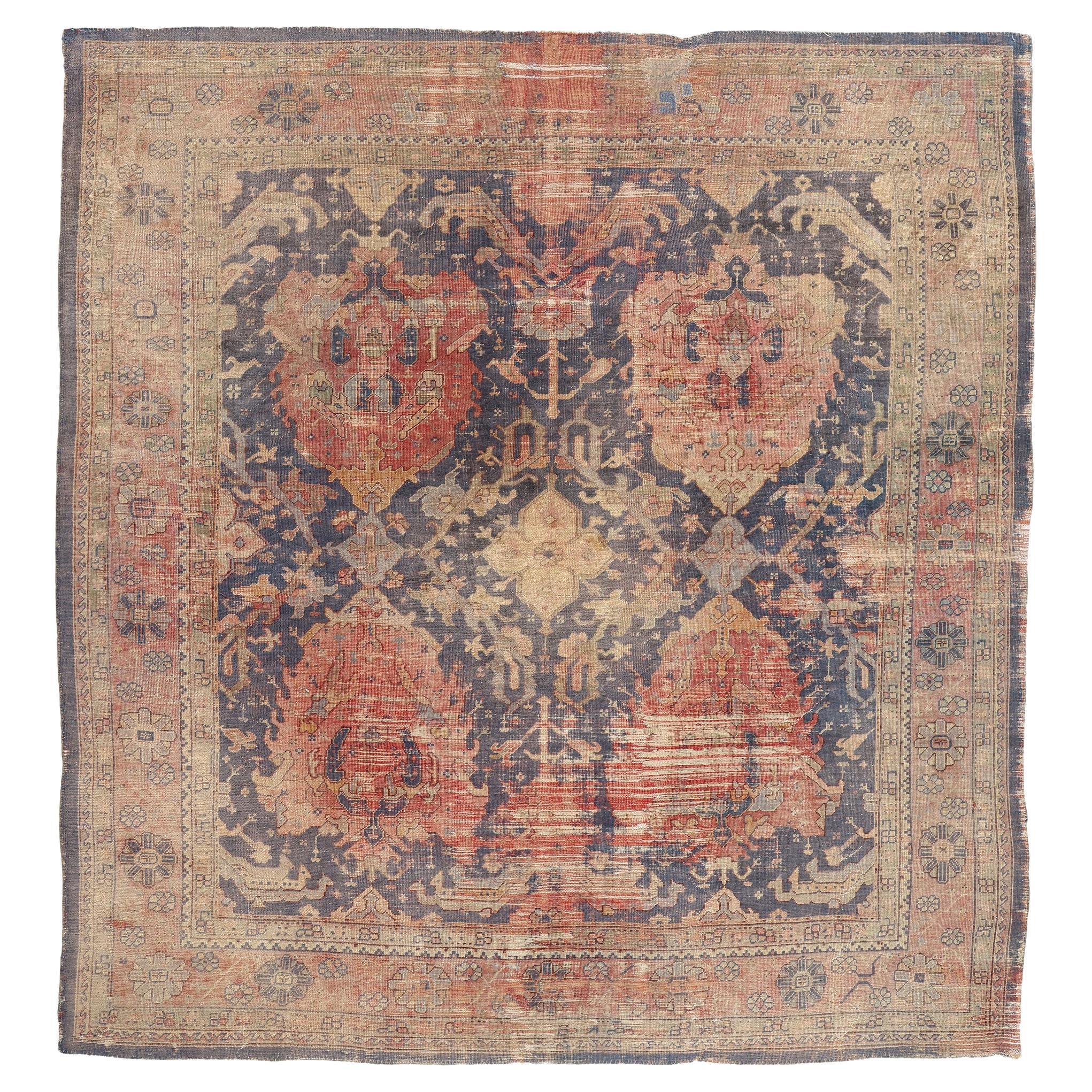 1880's Distressed Antique Turkish Oushak Rug, 09'05 x 09'11