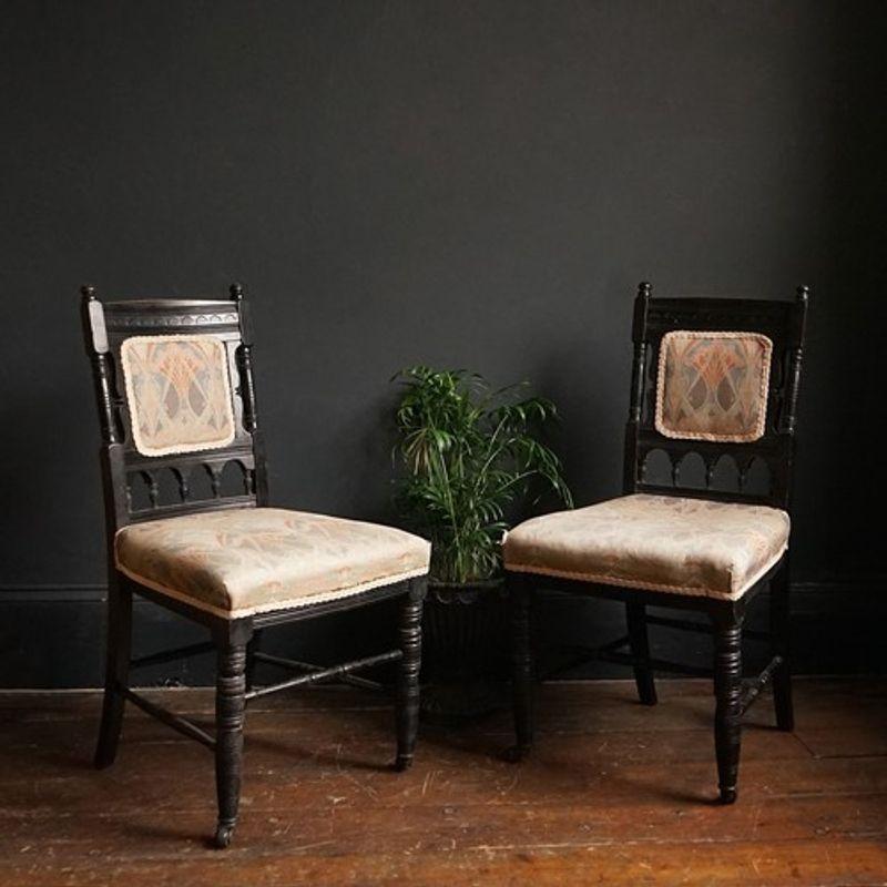 Antique Victorian Upholstered Parlour Chairs

Ebonised frames with turned and carved details very much in the Aesthetic style.

c.1880s in date.

Unsigned but very much in the style of designs by Bruce Talbot for March, Jones & Cribb or