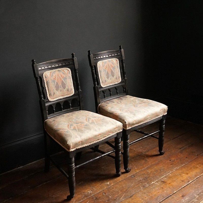 Ebonized Pair of Antique Ebonised Aesthetic Movement Side Chairs, 19th Century For Sale
