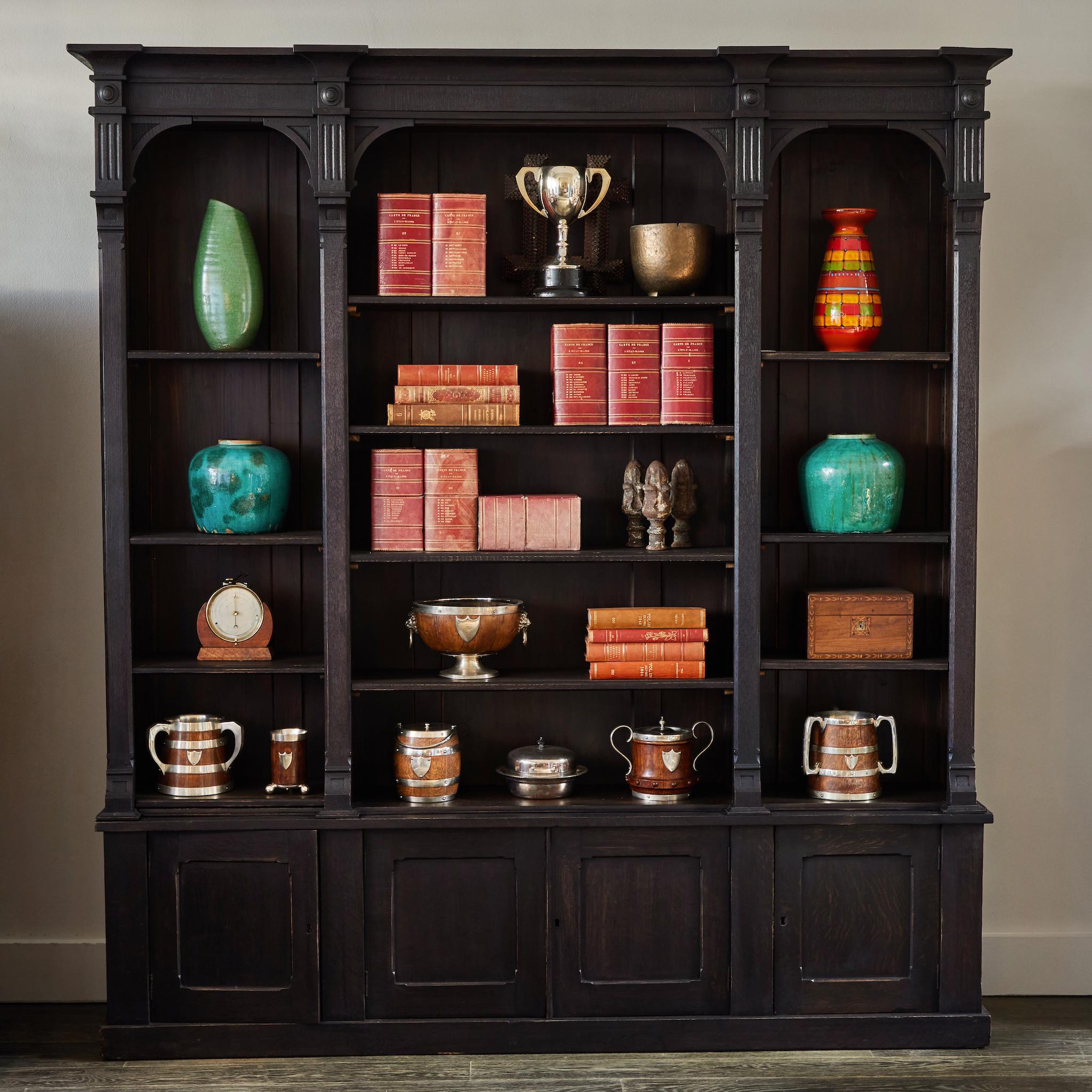 19th Century 1880s Ebonized English Open Face Oak Bookcase