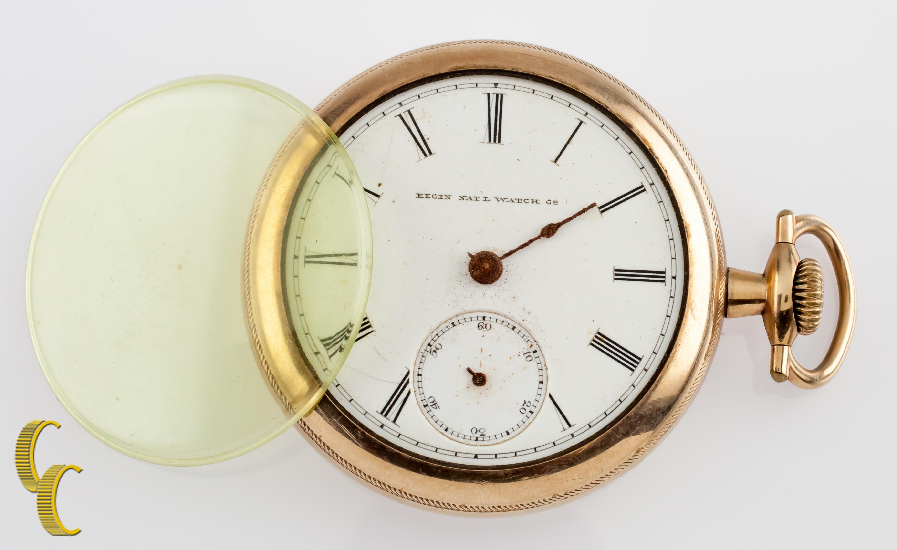 Beautiful antique Elgin pocket watch with white dial.
Black hands and a dedicated seconds dial.
Gold-filled case with intricate hand-etched design on case.
Black Roman numerals and markers.
Case serial # 6288236.
15-jewel Elgin movement serial #