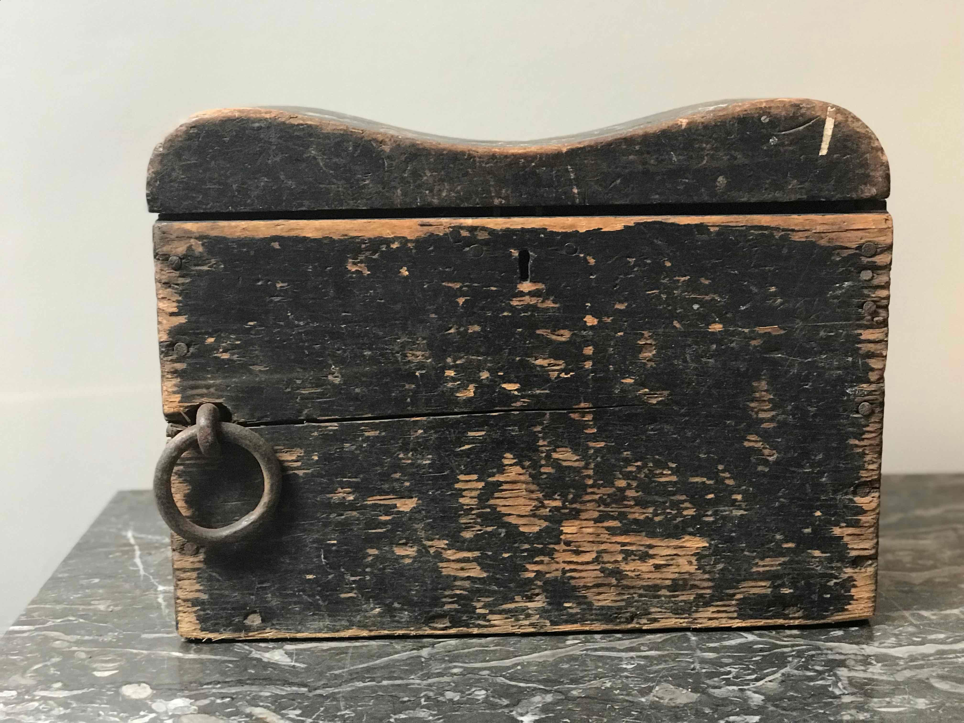 1880s English black painted nautical box recovered from ship. 