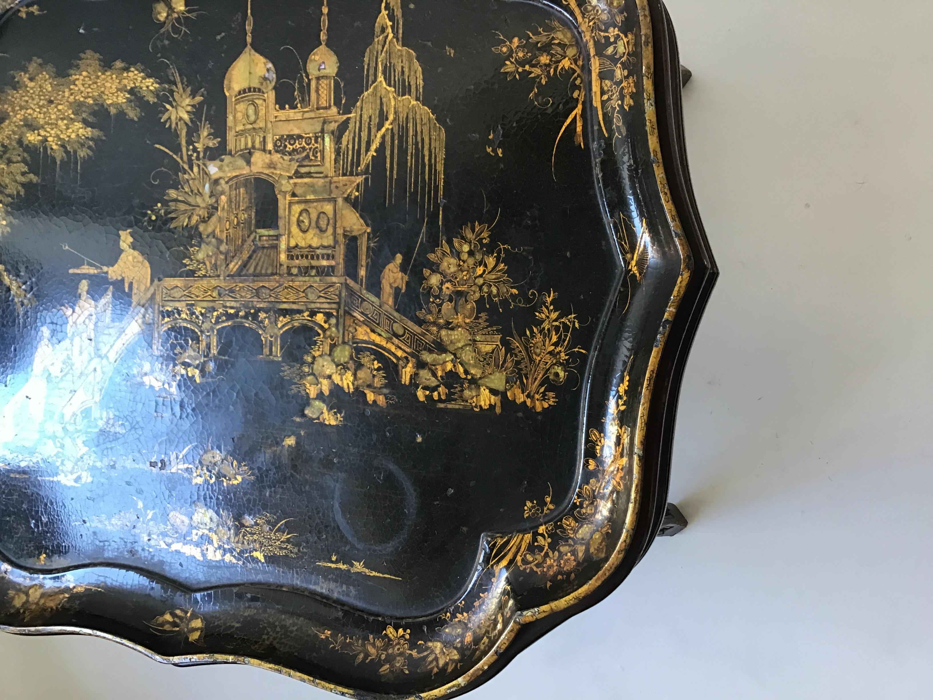 1880s English Chinoiserie Paper Mache Tray Table 9