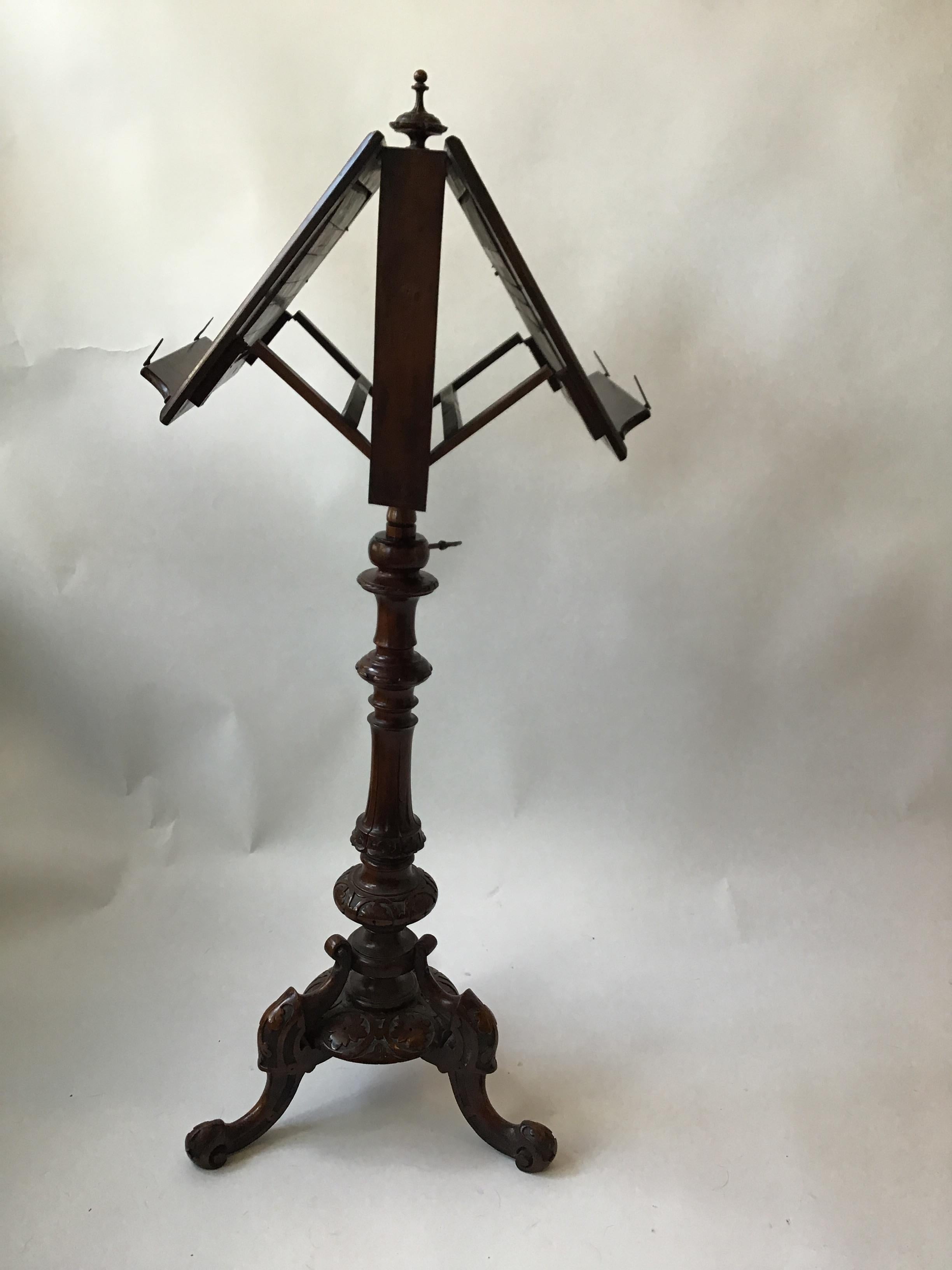 1880s English double sided inlaid wood music stand.