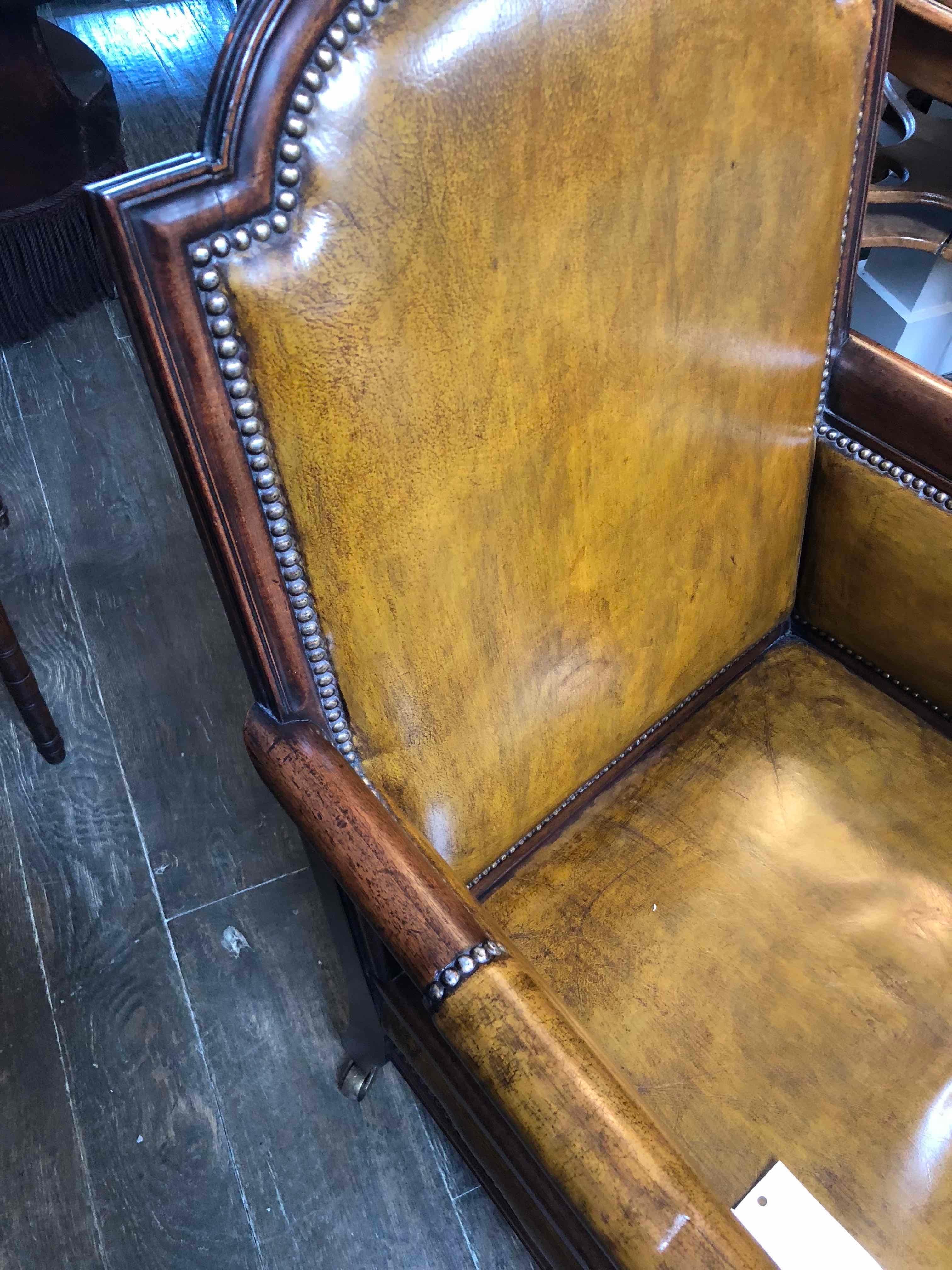 Late Victorian 1880s English Leather and Studded Armchair on Castors 