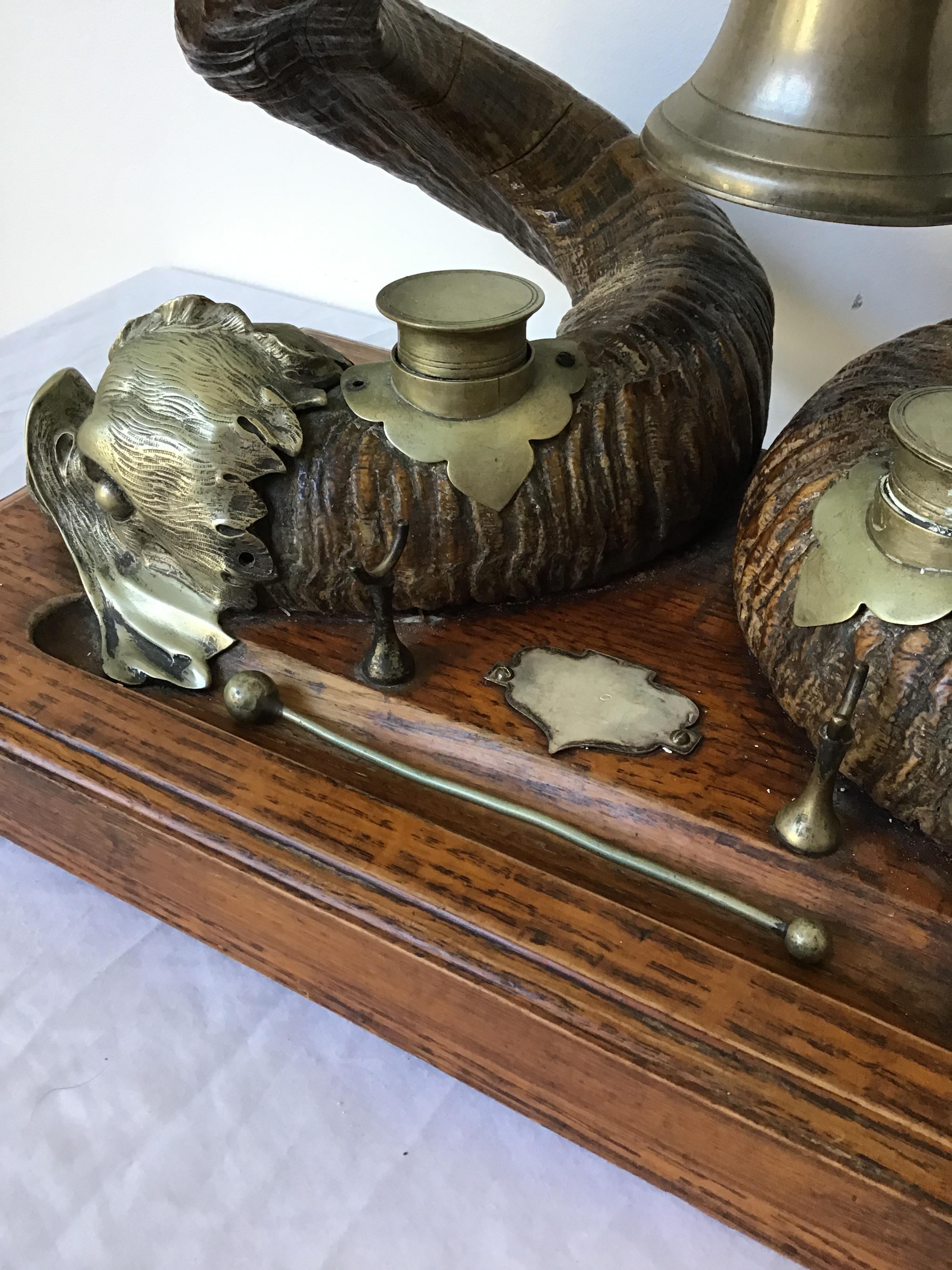 1880s English Ram Horn and Silver Plate Dolphin Inkwell 3