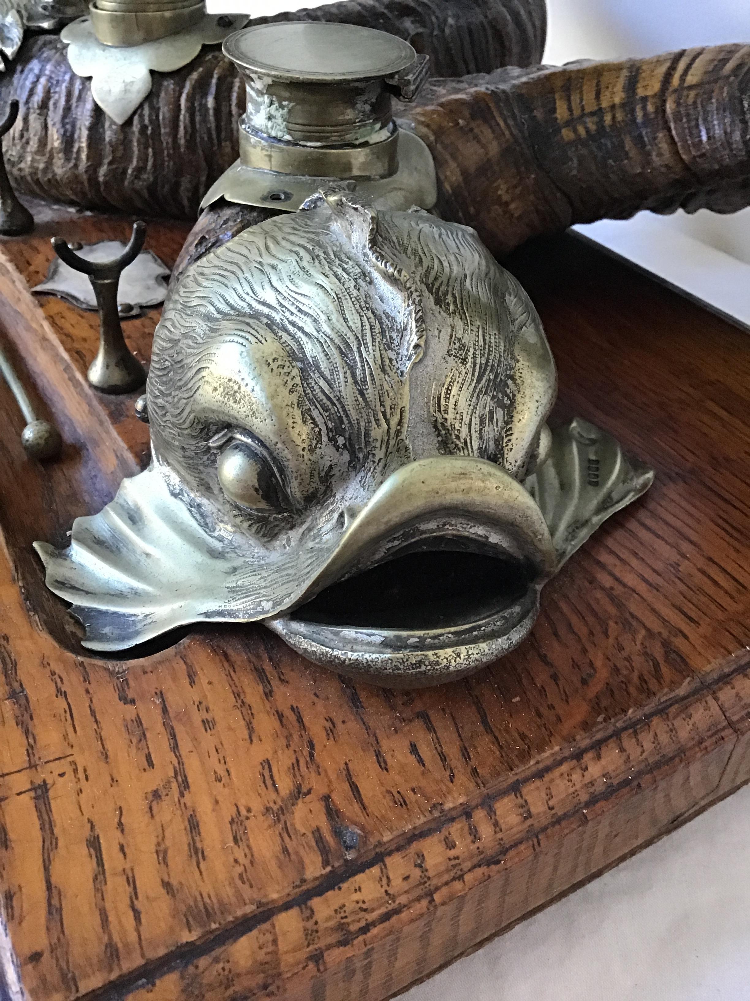 1880s English Ram Horn and Silver Plate Dolphin Inkwell 4