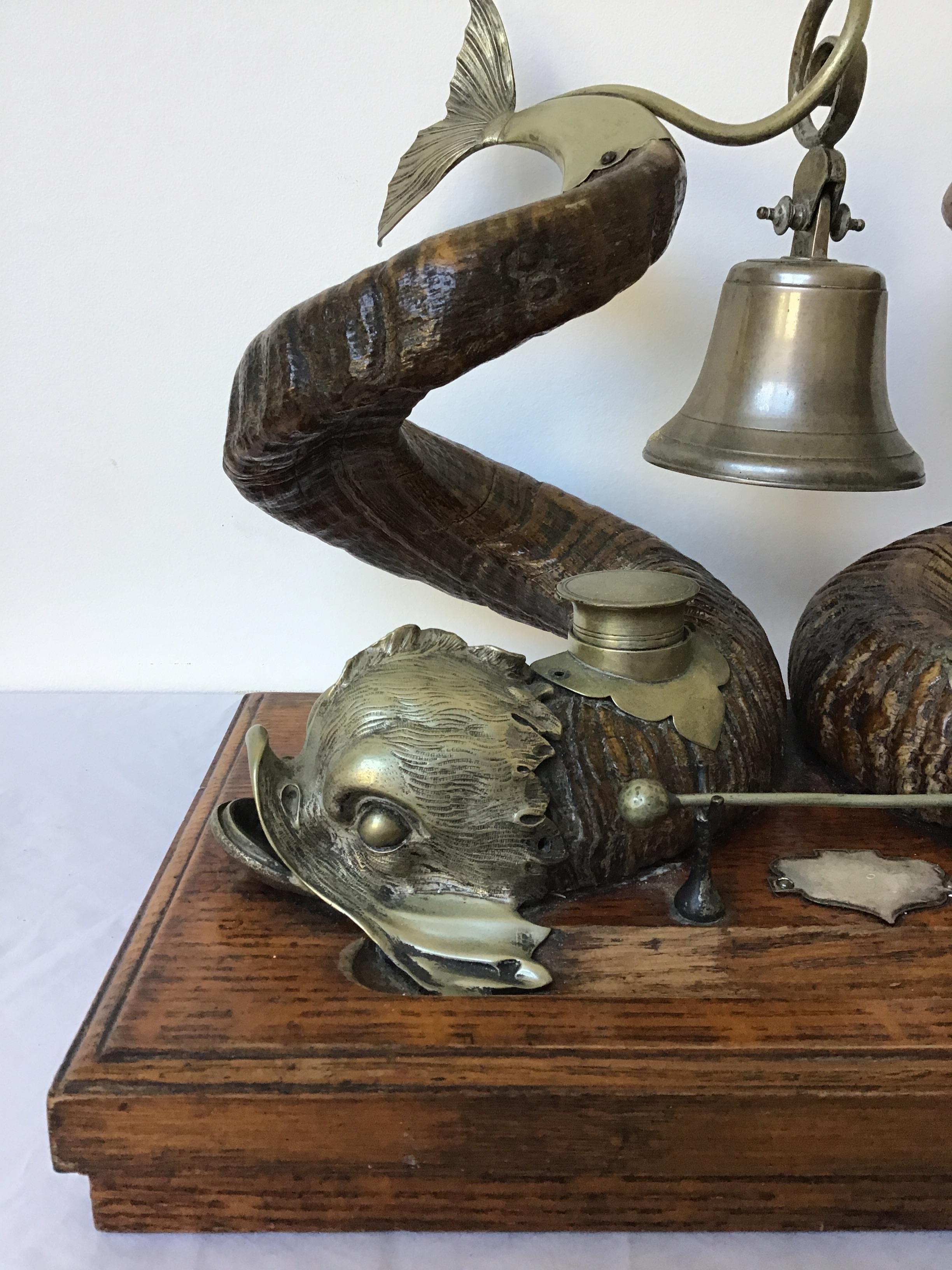 1880s English Ram Horn and Silver Plate Dolphin Inkwell 5