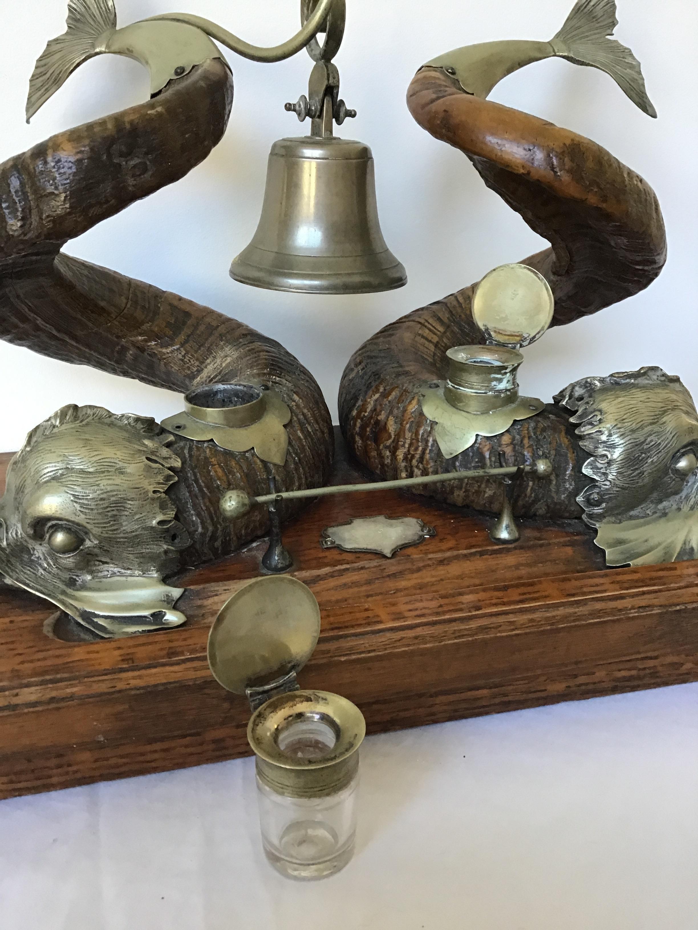 1880s English Ram Horn and Silver Plate Dolphin Inkwell 6