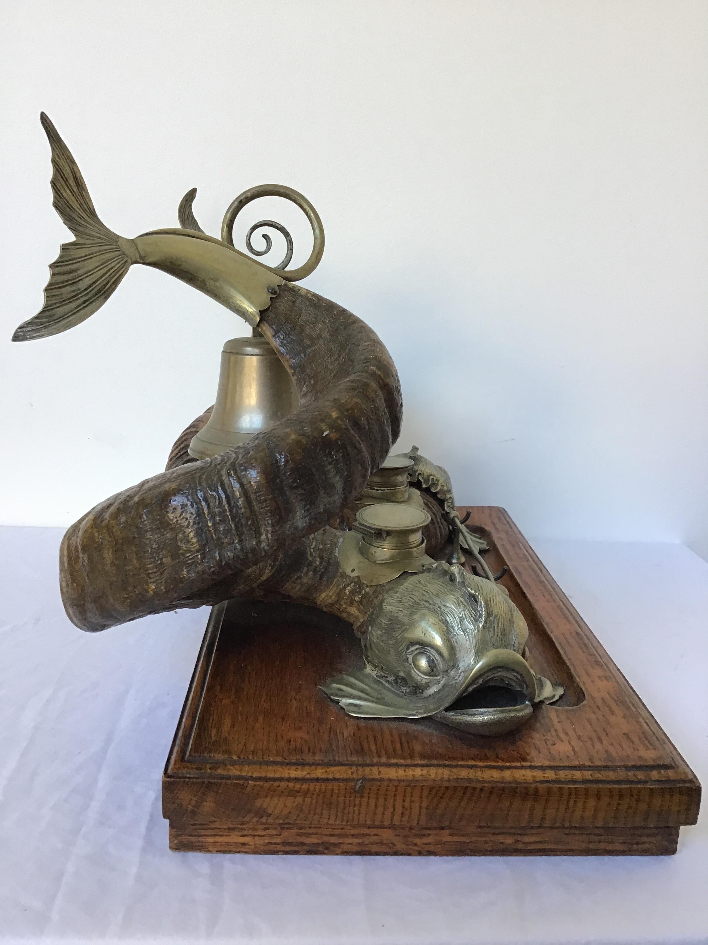 1880s English Ram Horn and Silver Plate Dolphin Inkwell In Good Condition In Tarrytown, NY