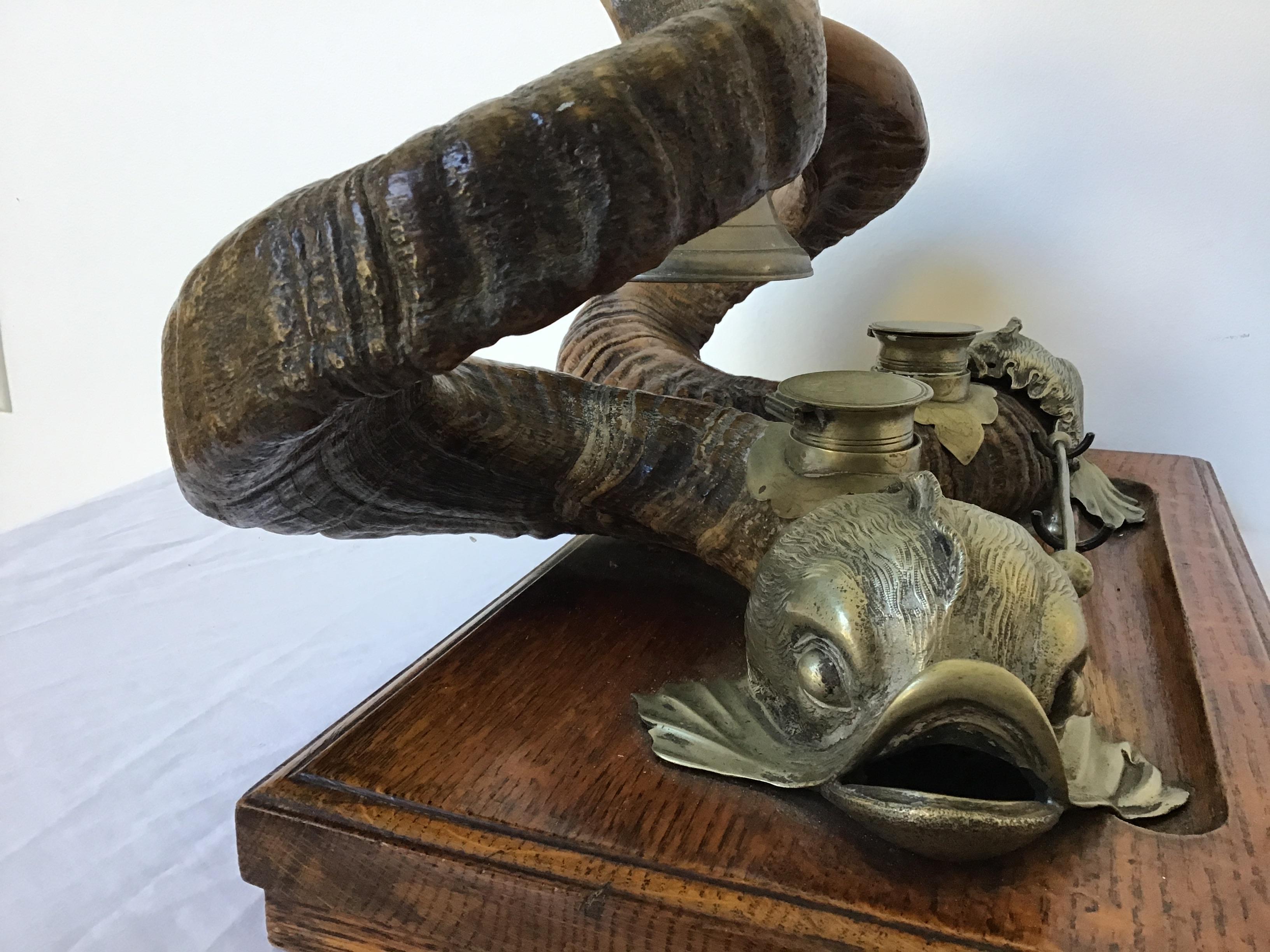 Late 19th Century 1880s English Ram Horn and Silver Plate Dolphin Inkwell