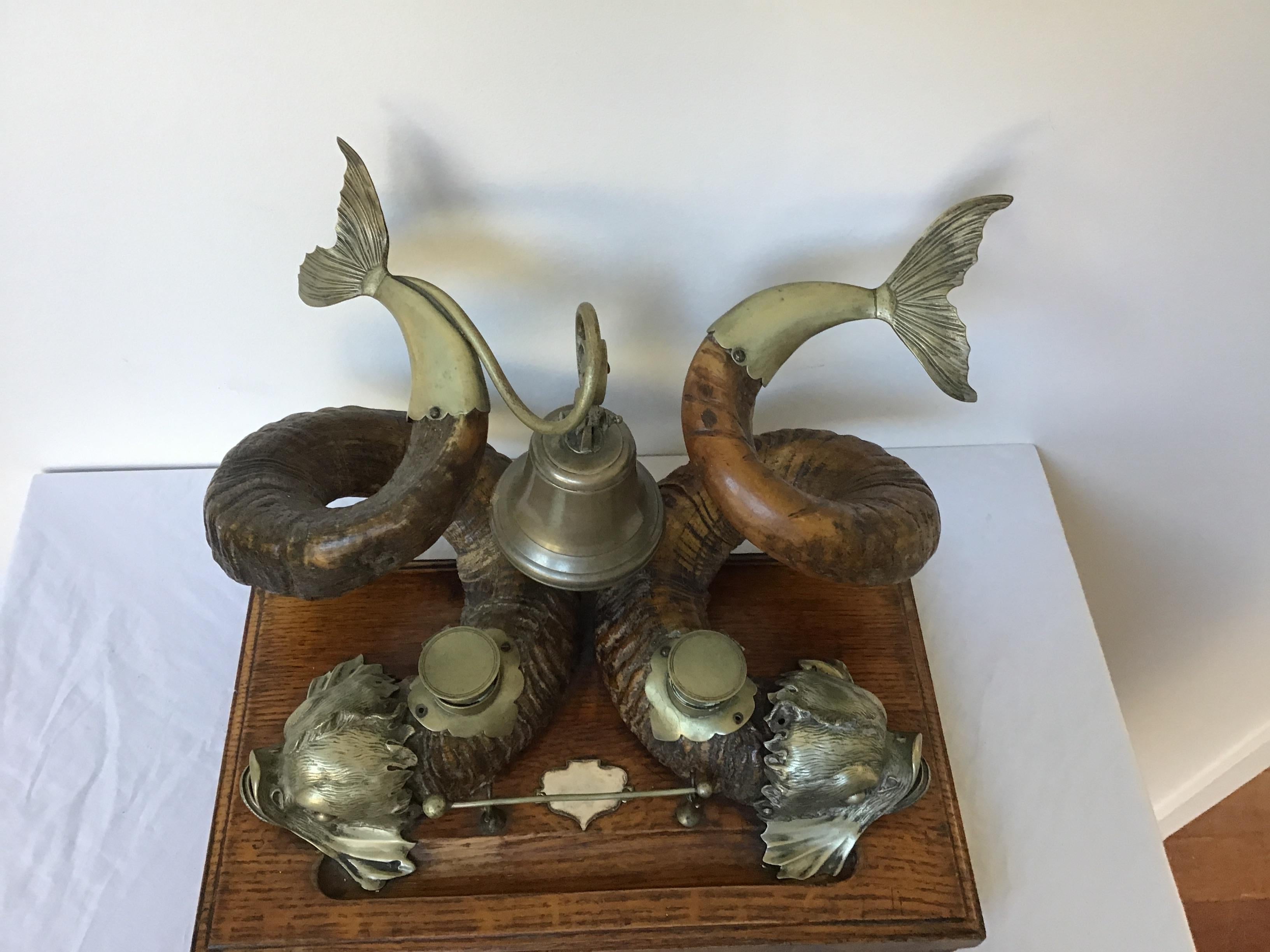 1880s English Ram Horn and Silver Plate Dolphin Inkwell 1