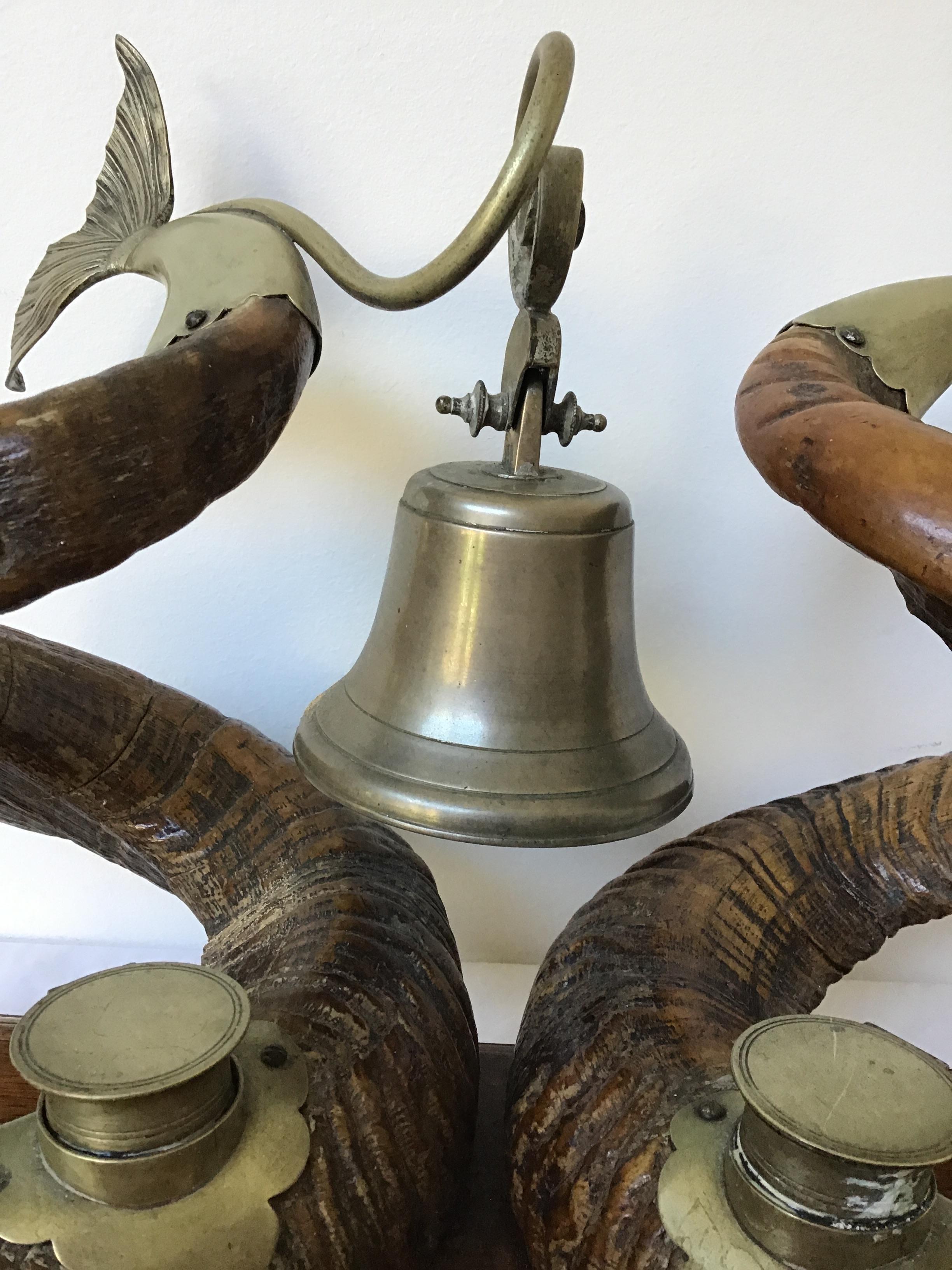 1880s English Ram Horn and Silver Plate Dolphin Inkwell 2