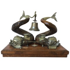 1880s English Ram Horn and Silver Plate Dolphin Inkwell