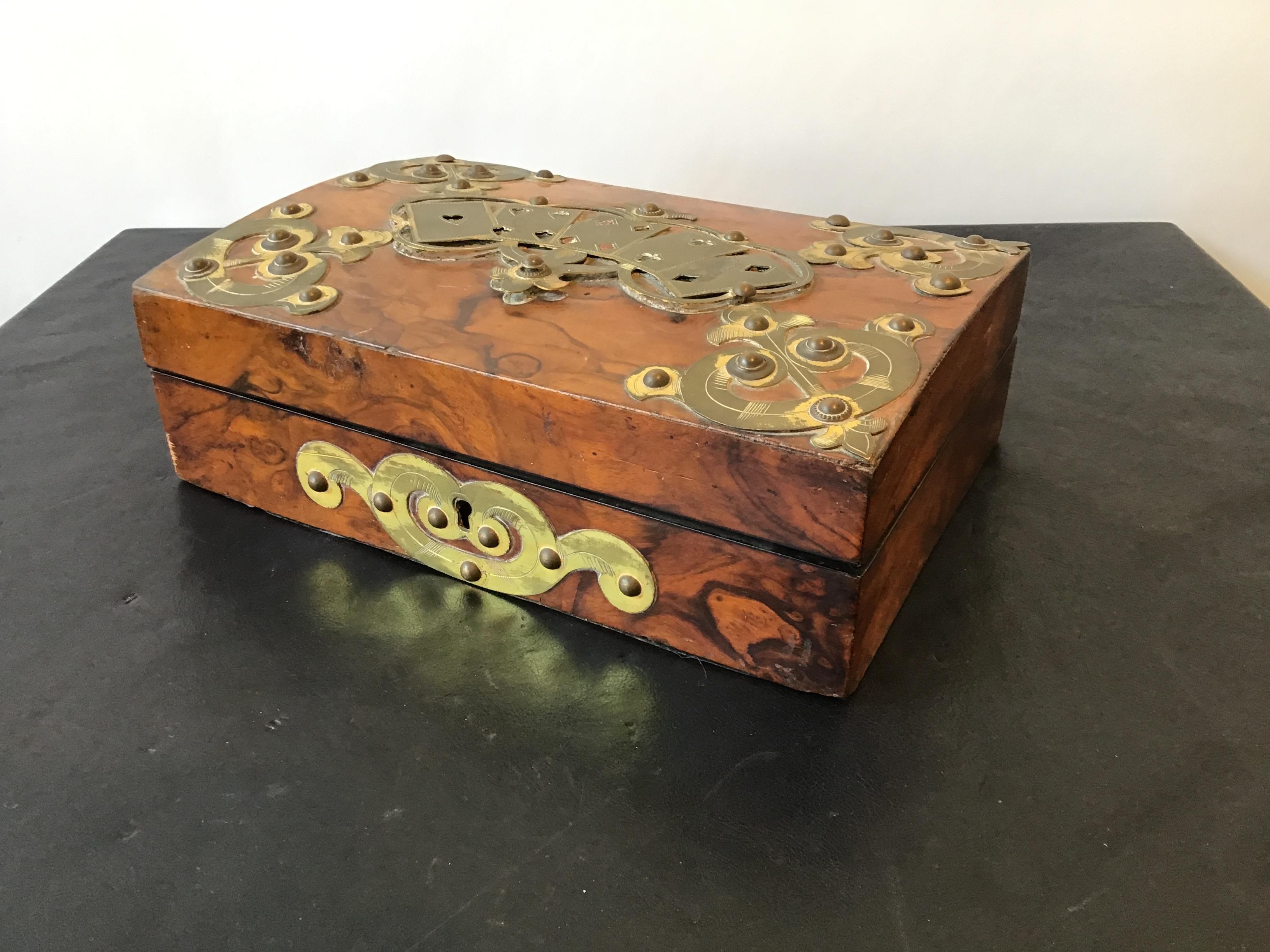 1880s English wood and brass overlay card box.