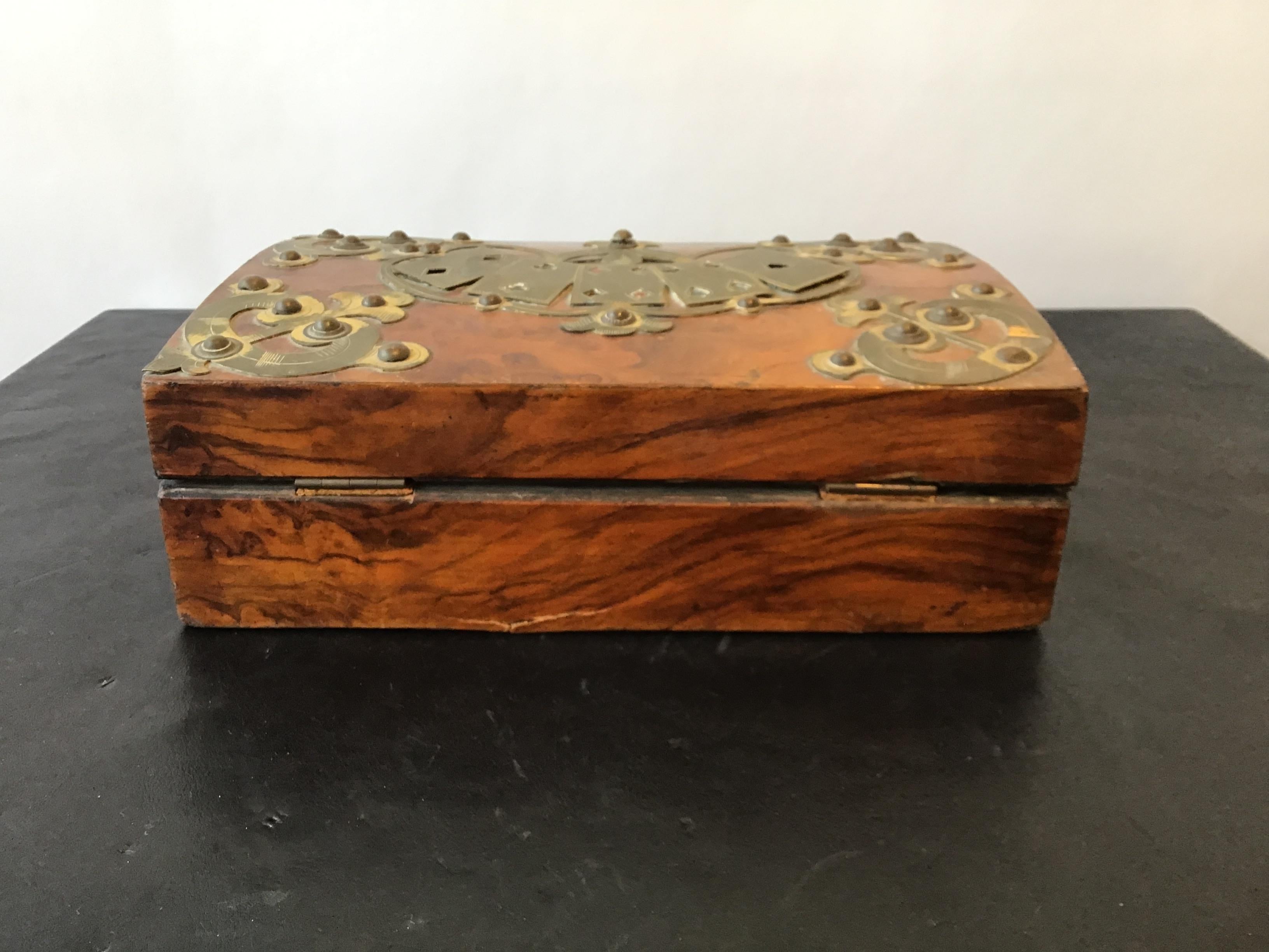 1880s English Wood and Brass Overlay Card Box For Sale 1