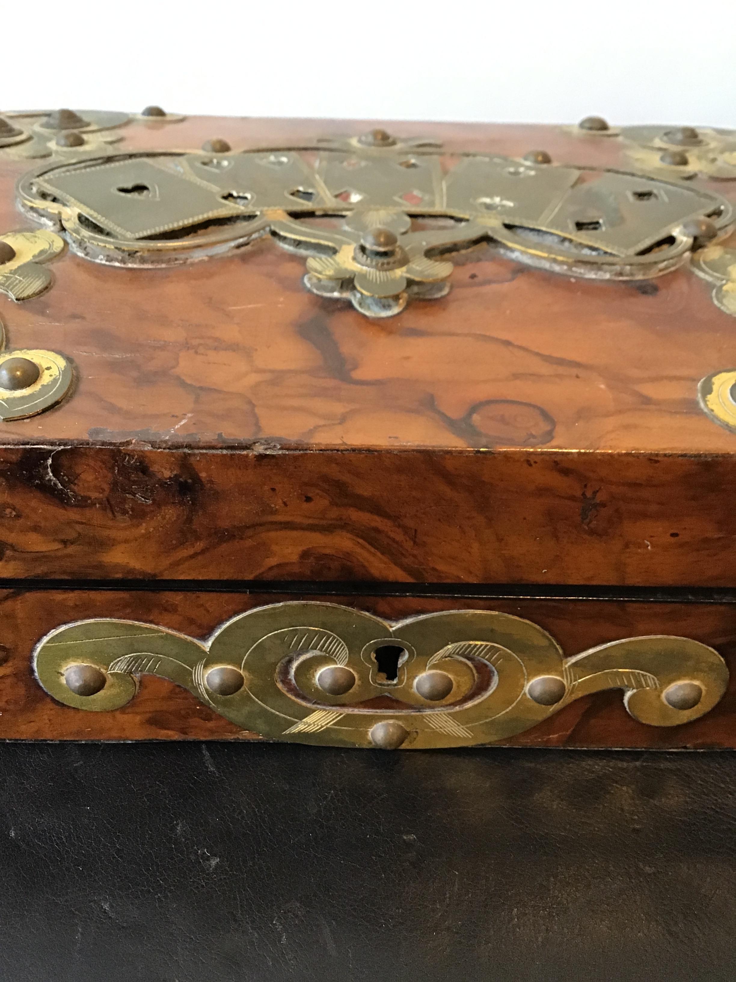 1880s English Wood and Brass Overlay Card Box For Sale 3